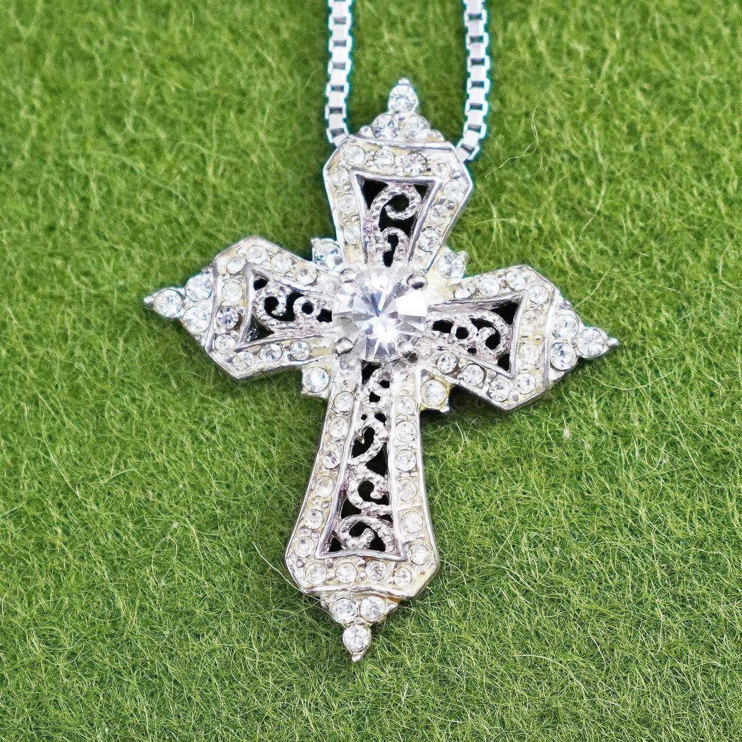 16+2”, sterling silver handmade necklace, 925 box chain filigree cross Pendant