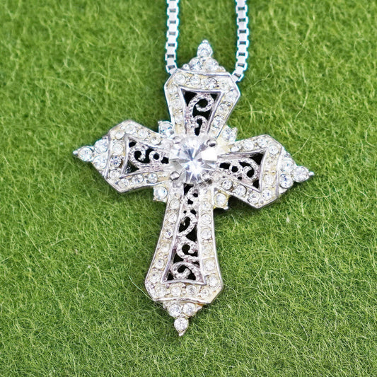 16+2”, sterling silver handmade necklace, 925 box chain filigree cross Pendant