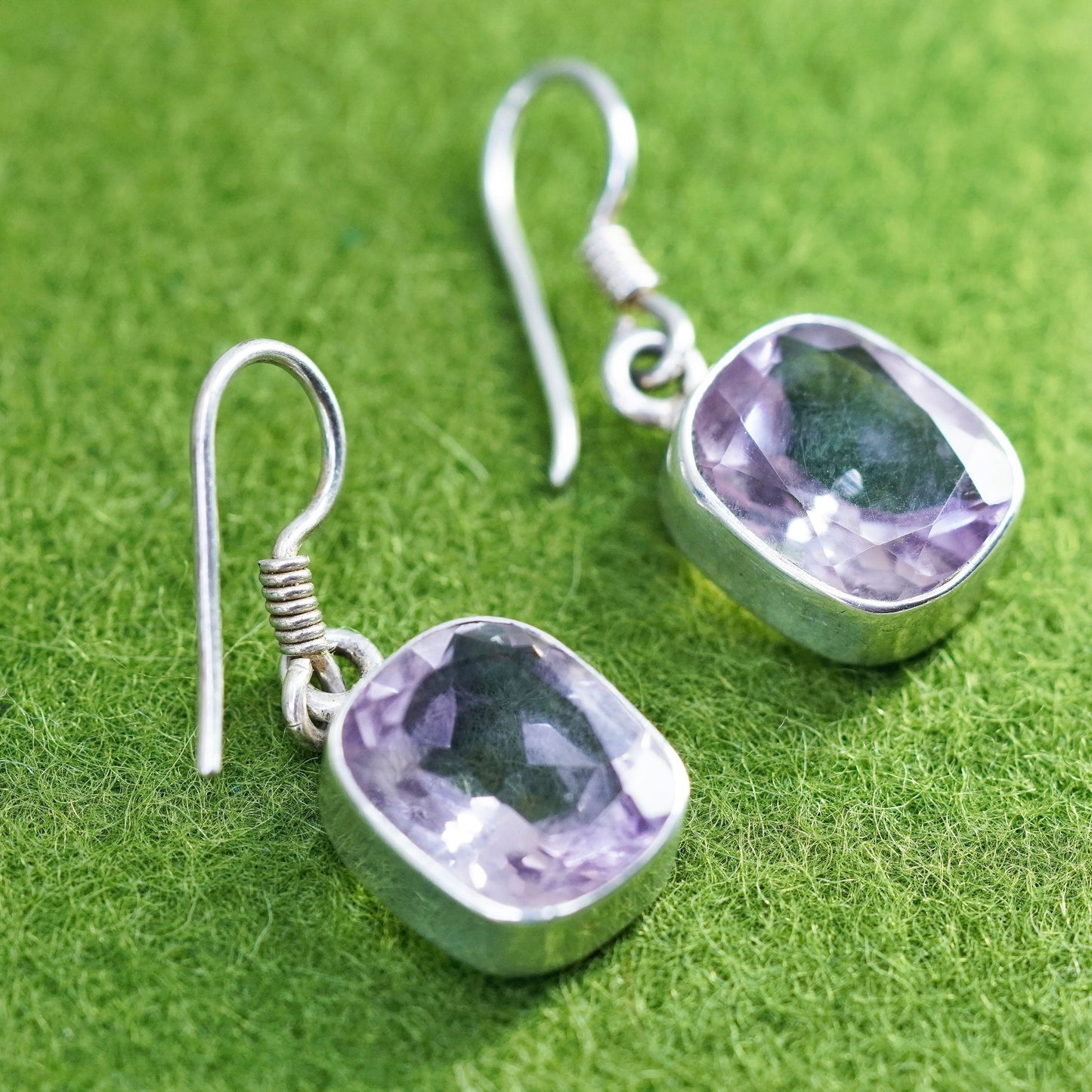 Vintage sterling silver handmade earrings, 925 drops with amethyst