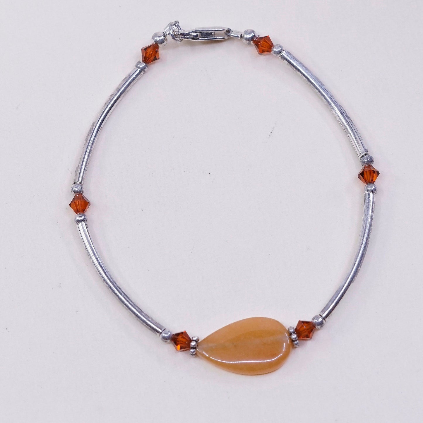 6.75”, vintage 925 Sterling silver bar N beads bracelet w/ orange gemstone