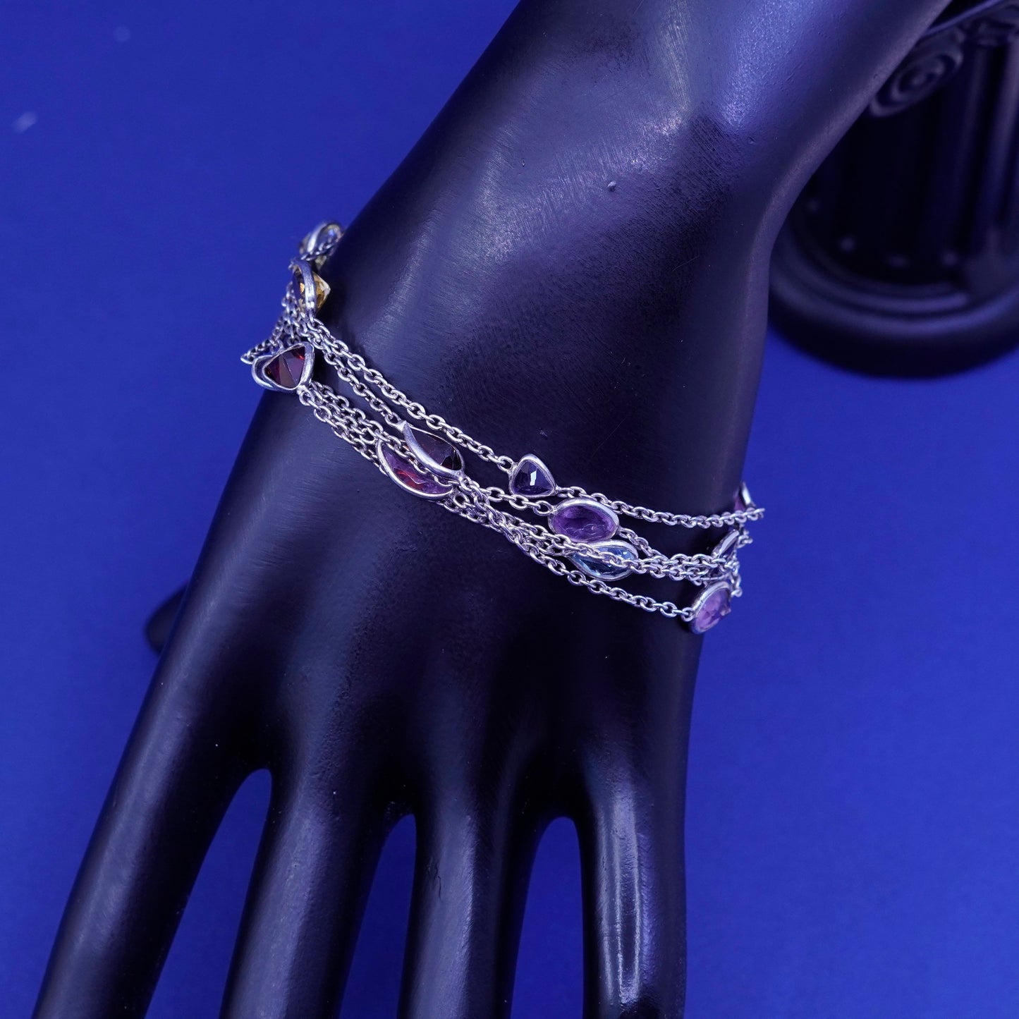 7+1”, vtg Sterling silver bracelet, multi strands 925 circle chain gemstones