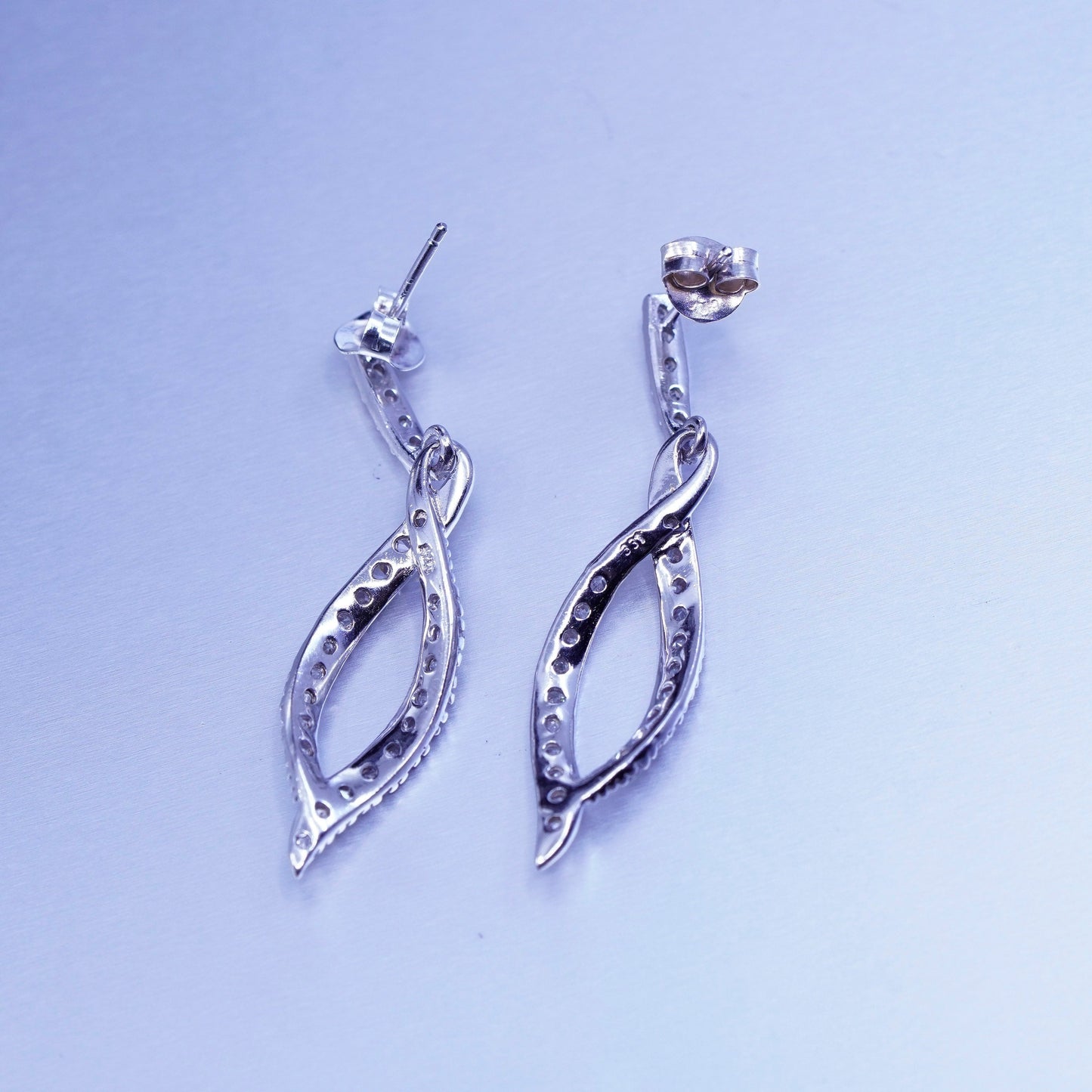 Vintage Sterling 925 silver earrings, studs with Marquise dangle and cluster Cz