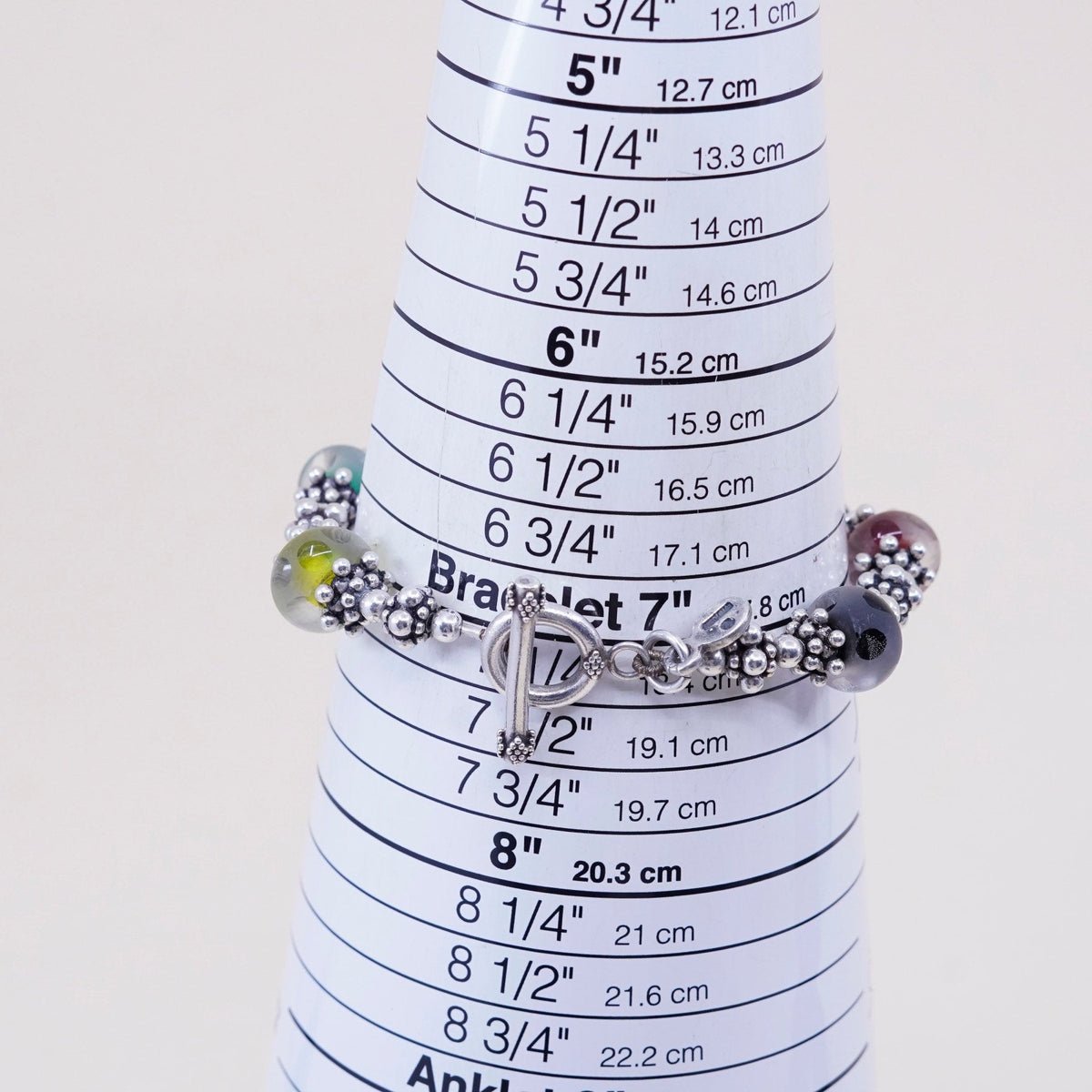 7”, vtg MB Sterling 925 Silver Lampwork Art Glass Bead Toggle Bracelet B0871