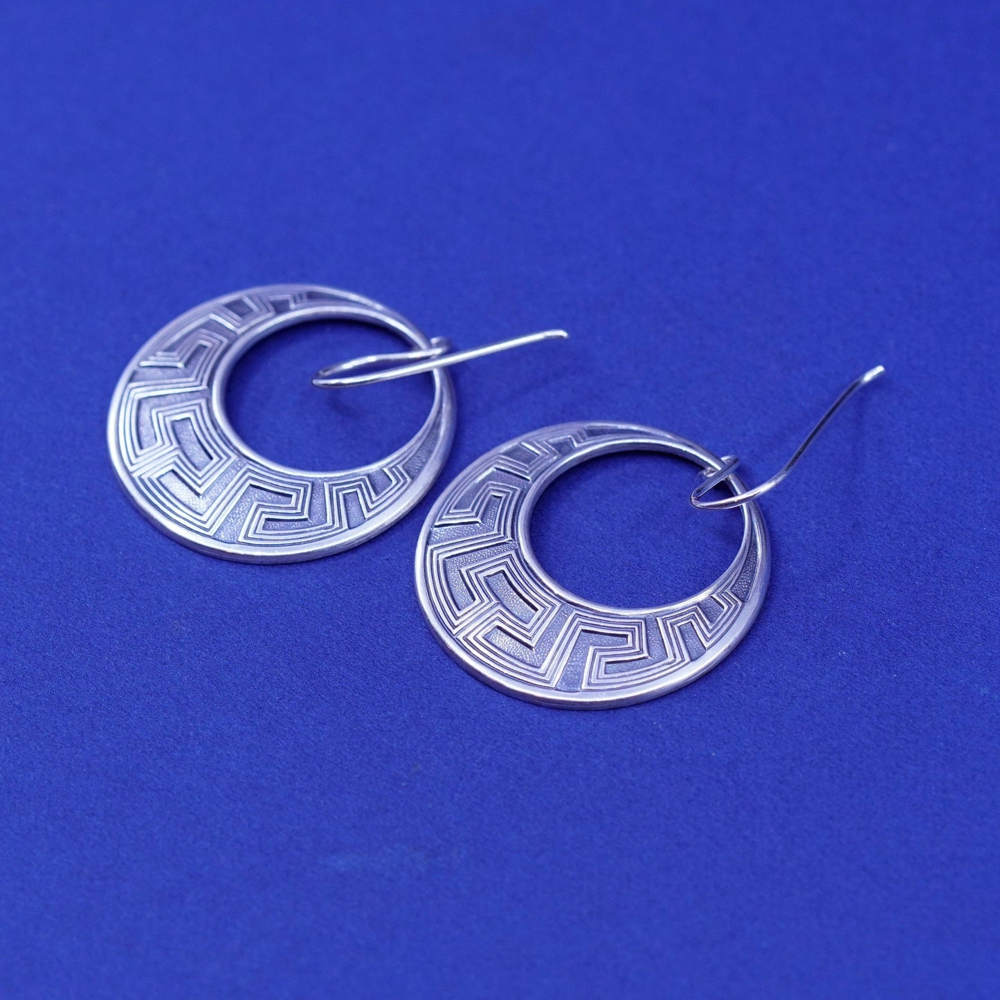 Sterling Silver handmade Earrings. 925 hammered circle dangles with Greek key