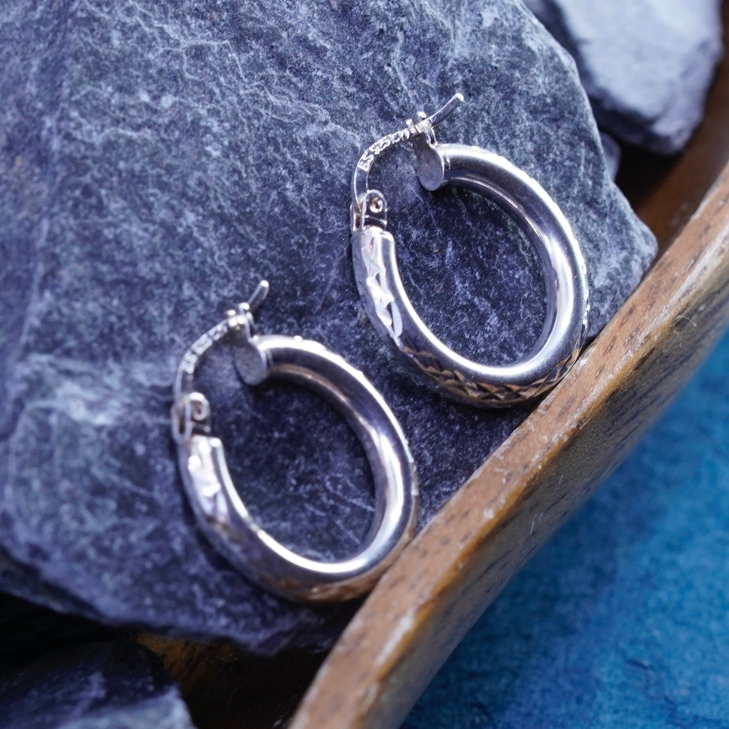 0.75”, vintage Sterling silver handmade earrings, textured 925 hoops, huggie
