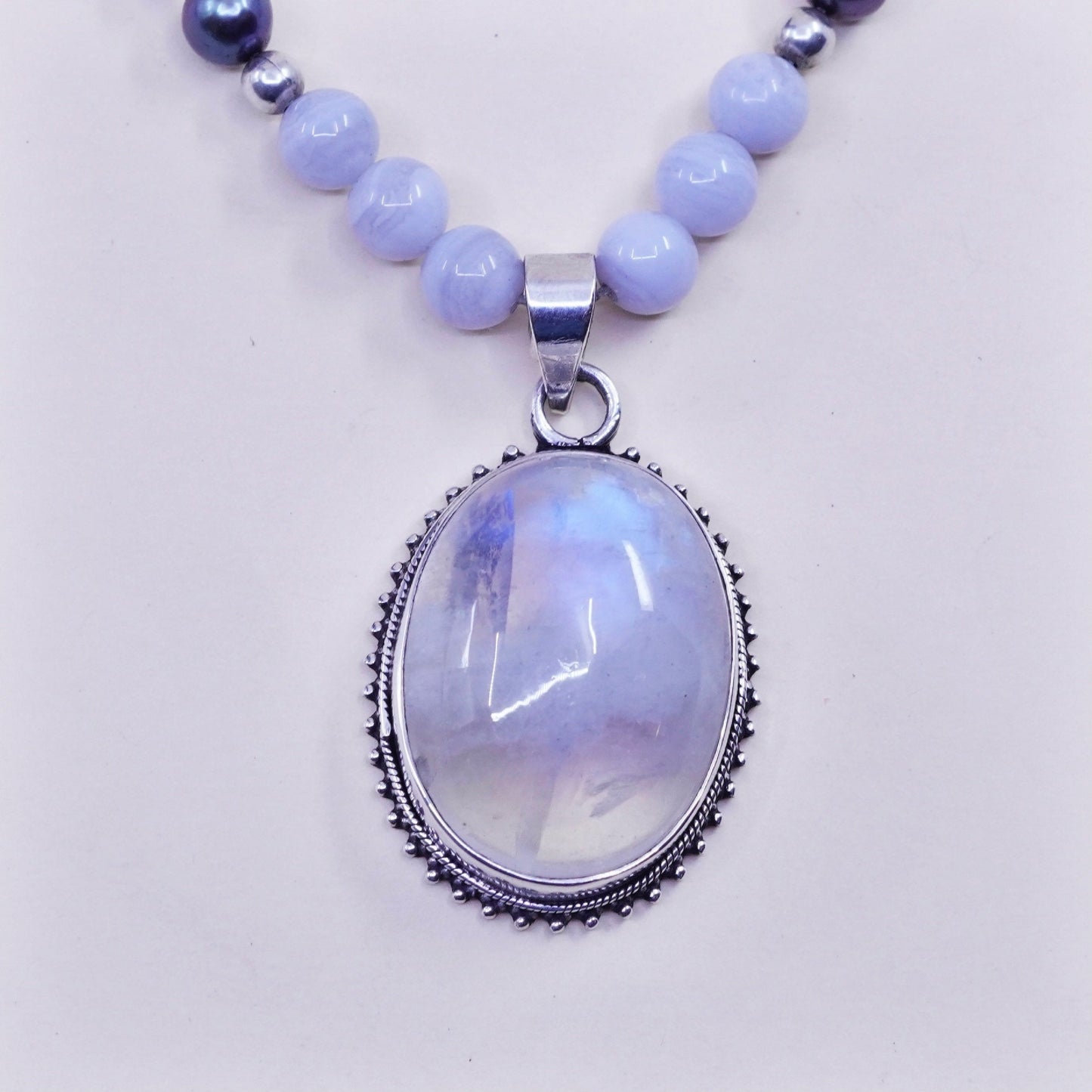21”, sterling 925 silver necklace lace agate pearl bead chain moonstone pendant