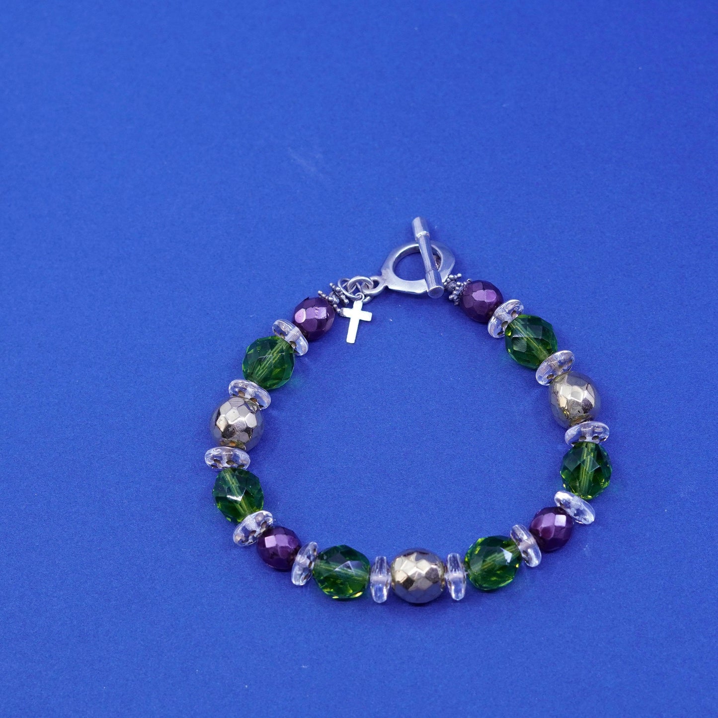 7”, Mexico sterling 925 silver handmade bracelet w/ crystal beads N toggle