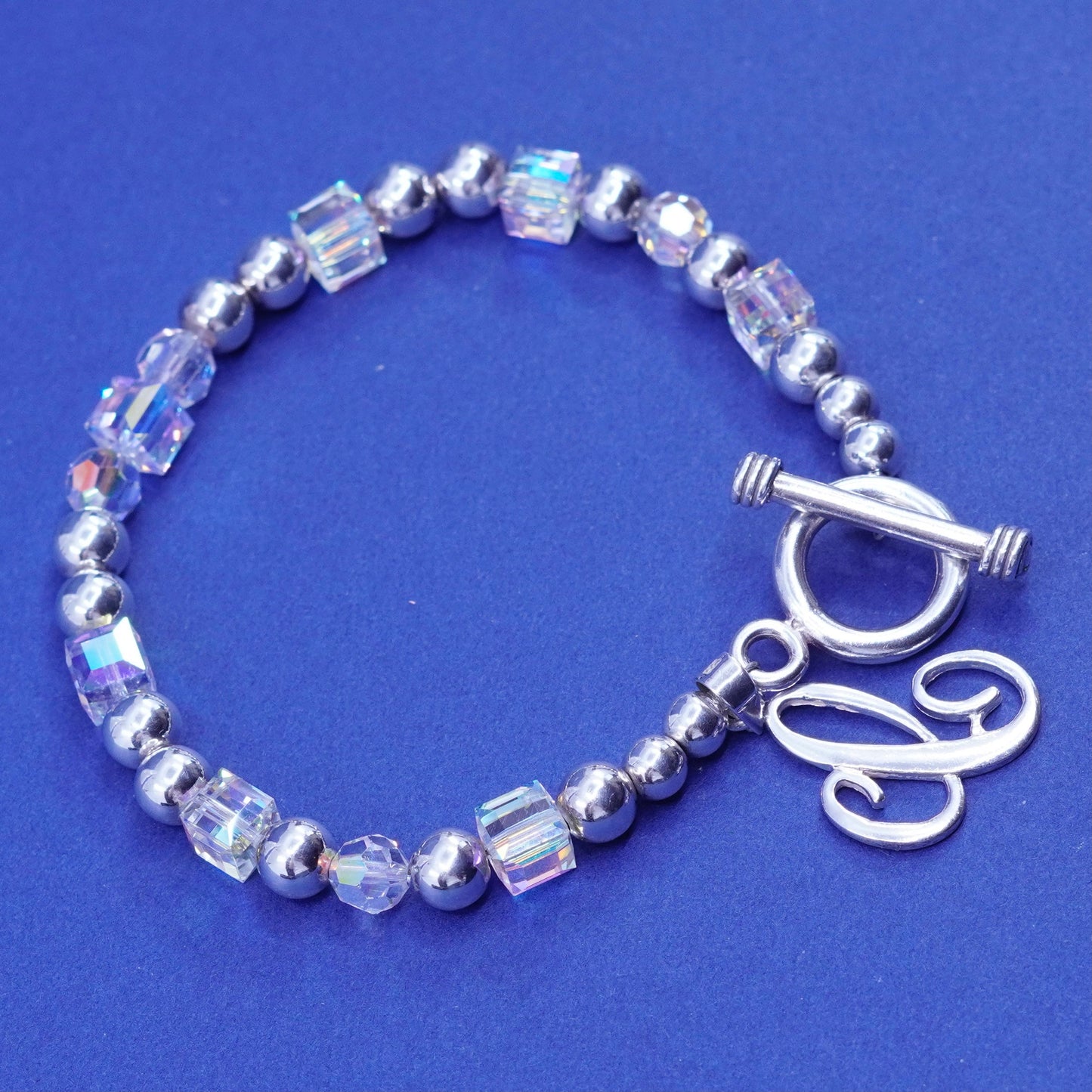 6.75”, sterling 925 silver handmade crystal beads bracelet and initial A charm