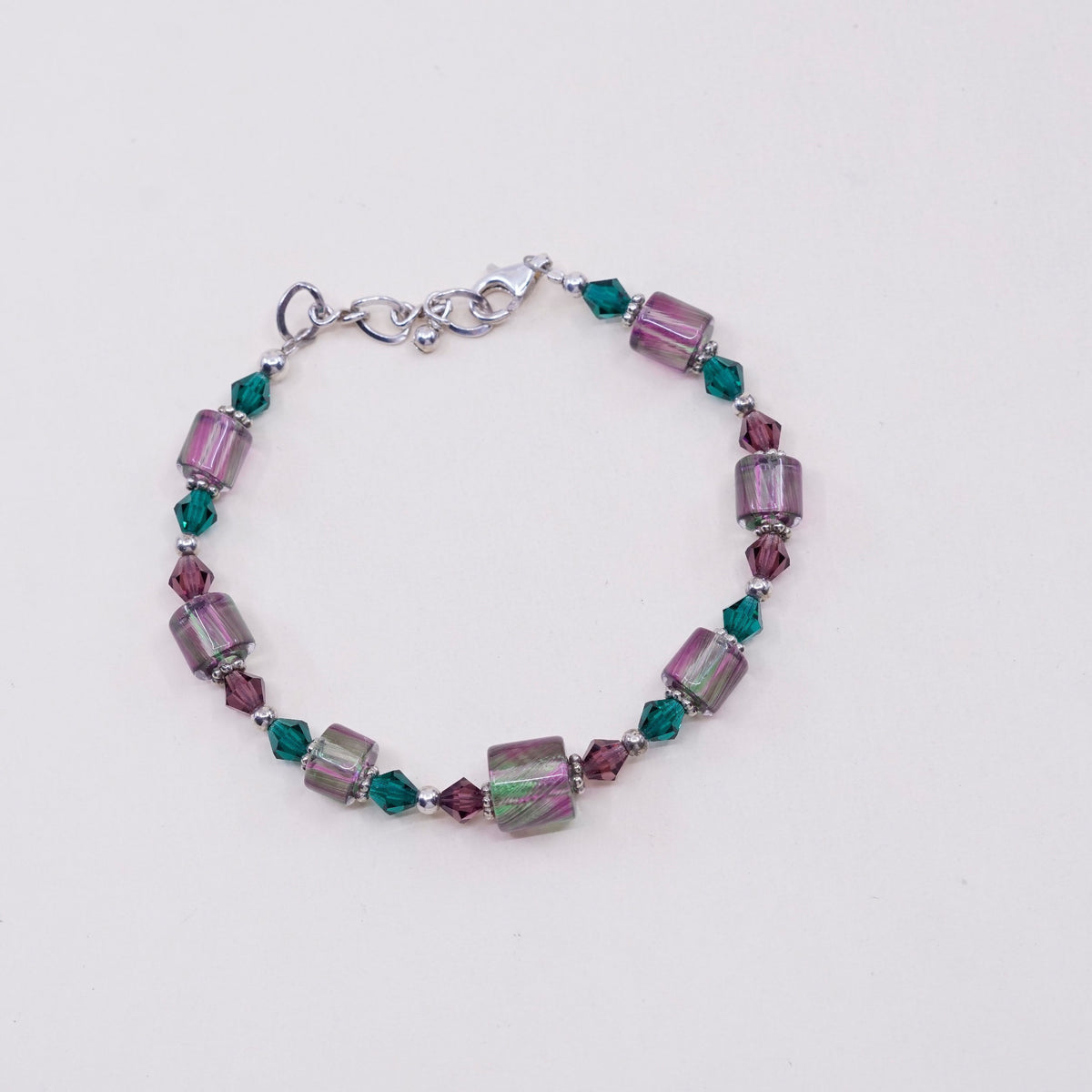 7.5”, vtg Sterling silver handmade bracelet, 925 beads w/ purple green crystal