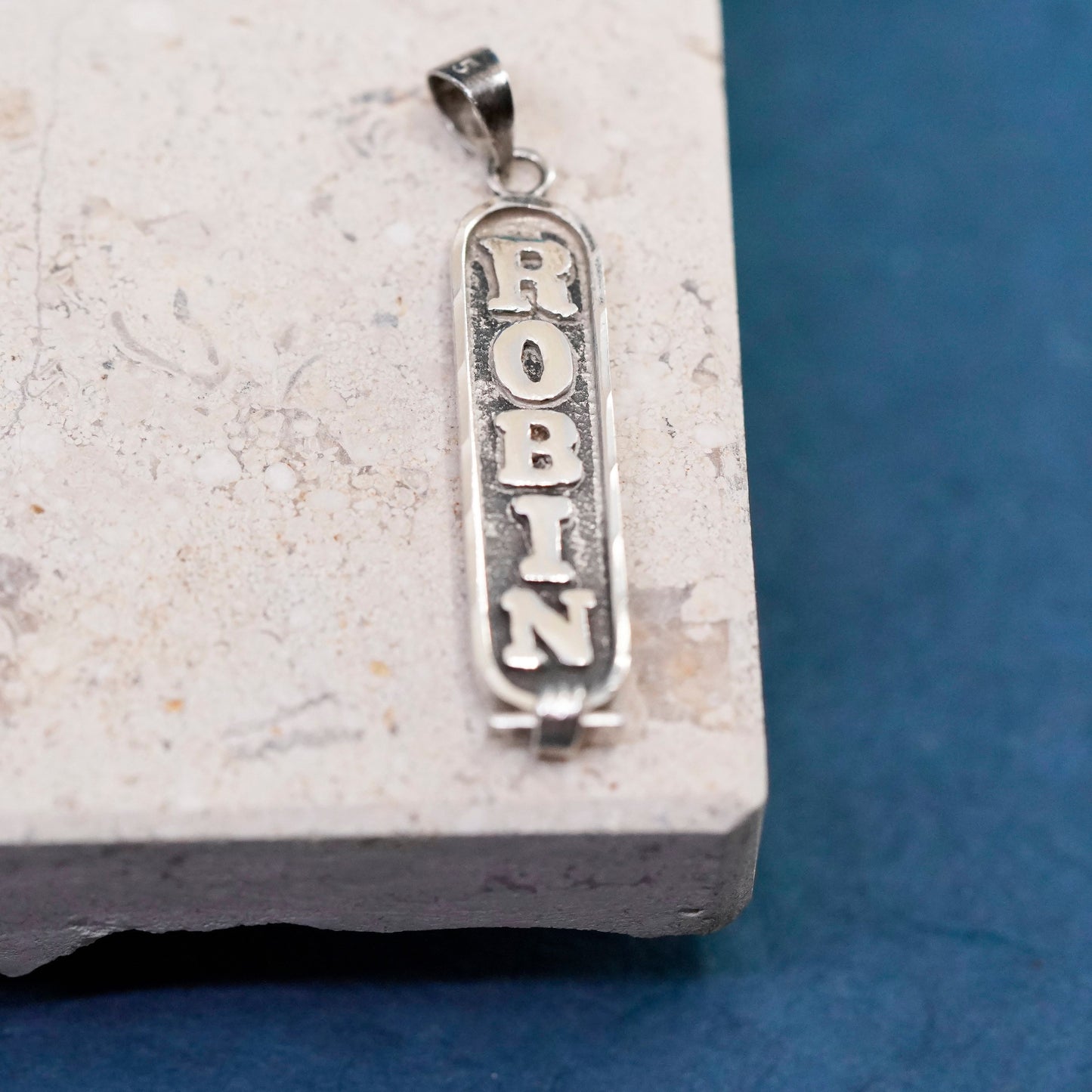 Vintage Sterling silver handmade pendant, 925 tag embossed name robin