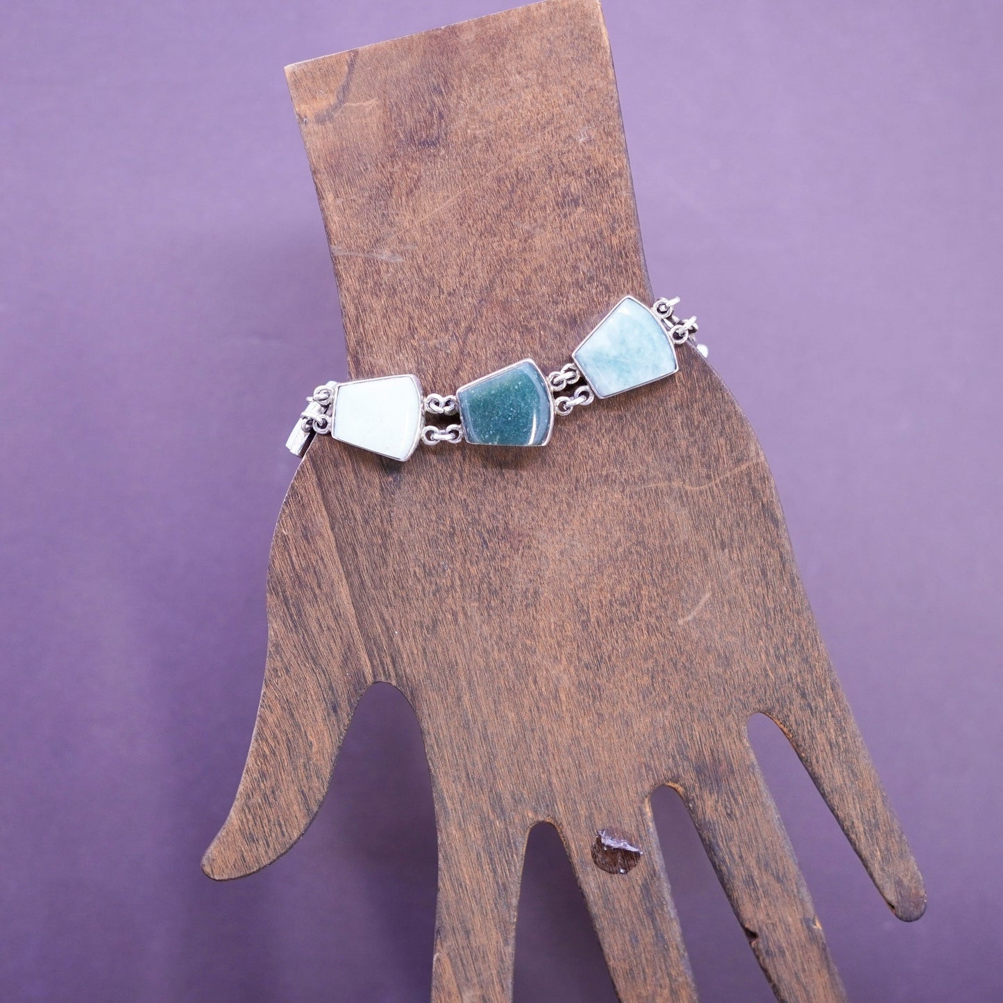 7”, vintage Sterling 925 silver handmade bracelet with various jade carnelian