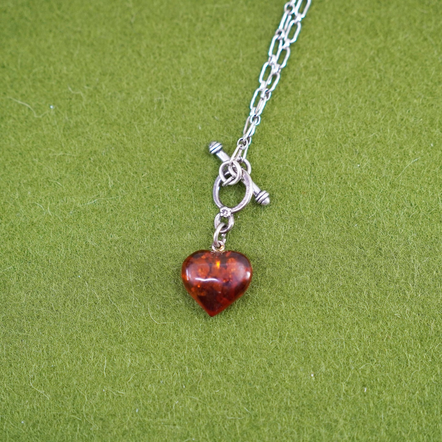 15”, Sterling 925 silver handmade elongated chain necklace amber heart pendant