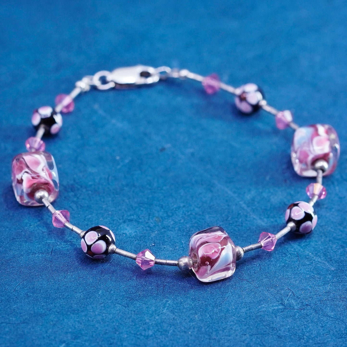 7”, Vintage handmade sterling silver bracelet with crystal and pink glass beads