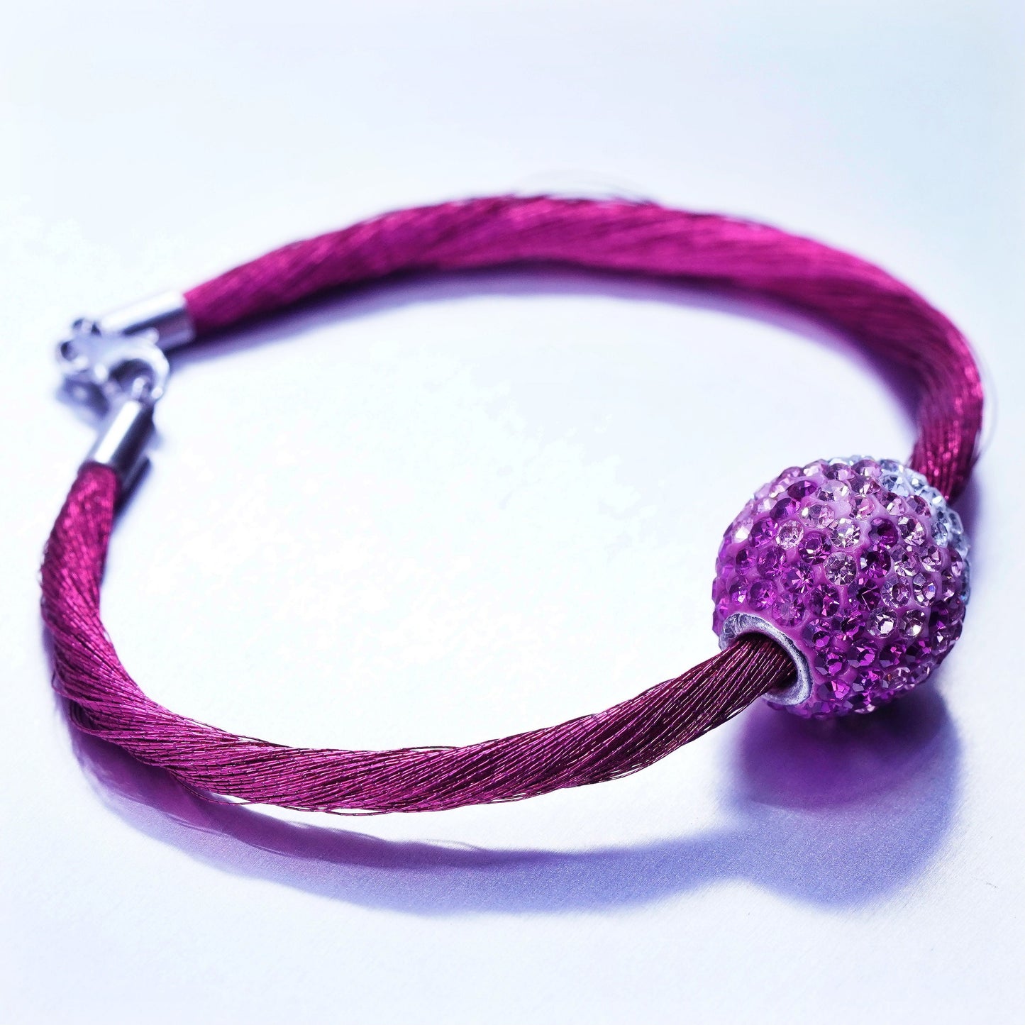 6.5”, vtg Sterling 925 silver handmade bracelet, pink silk thread chain bead
