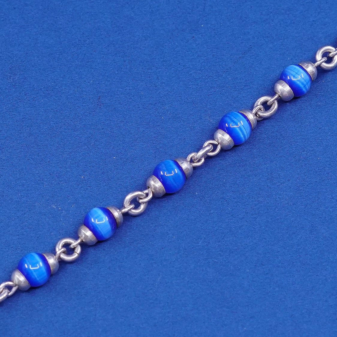 6.5", Sterling silver handmade bracelet, mexico 925 w/ blue tiger eye N heart