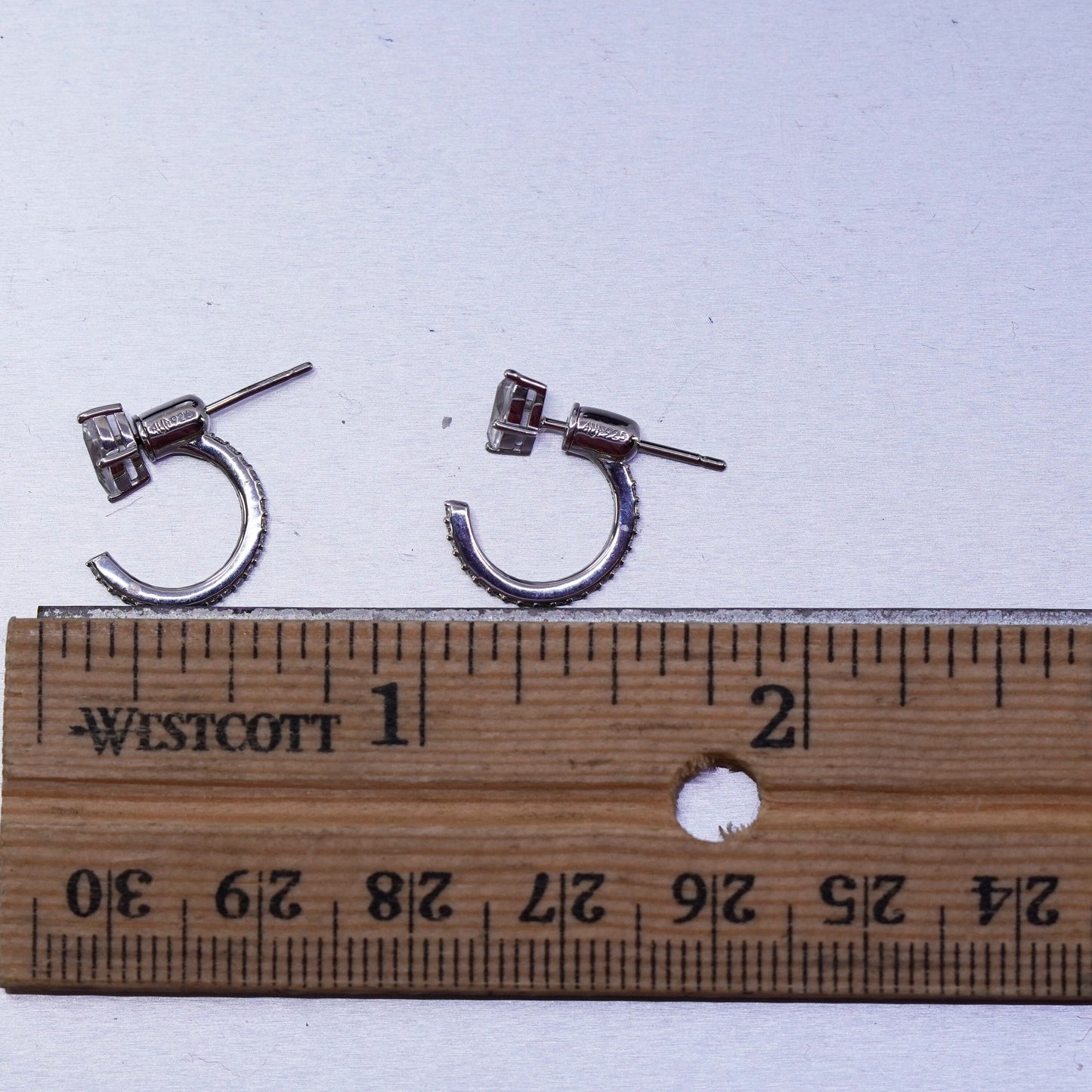 0.5”, vintage Sterling silver handmade earrings, 925 Huggie hoops with Cz