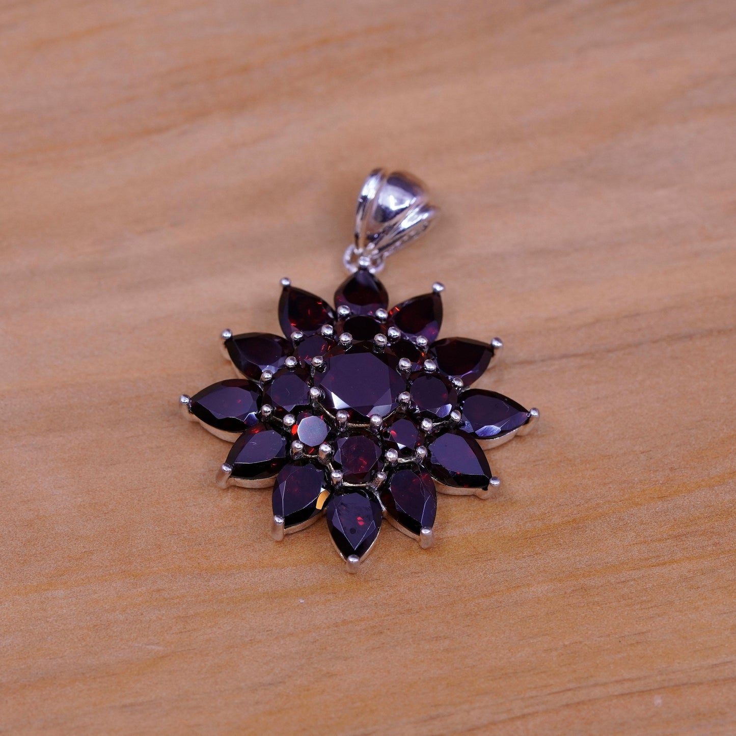 Vintage Sterling 925 silver handmade flower pendant with ruby
