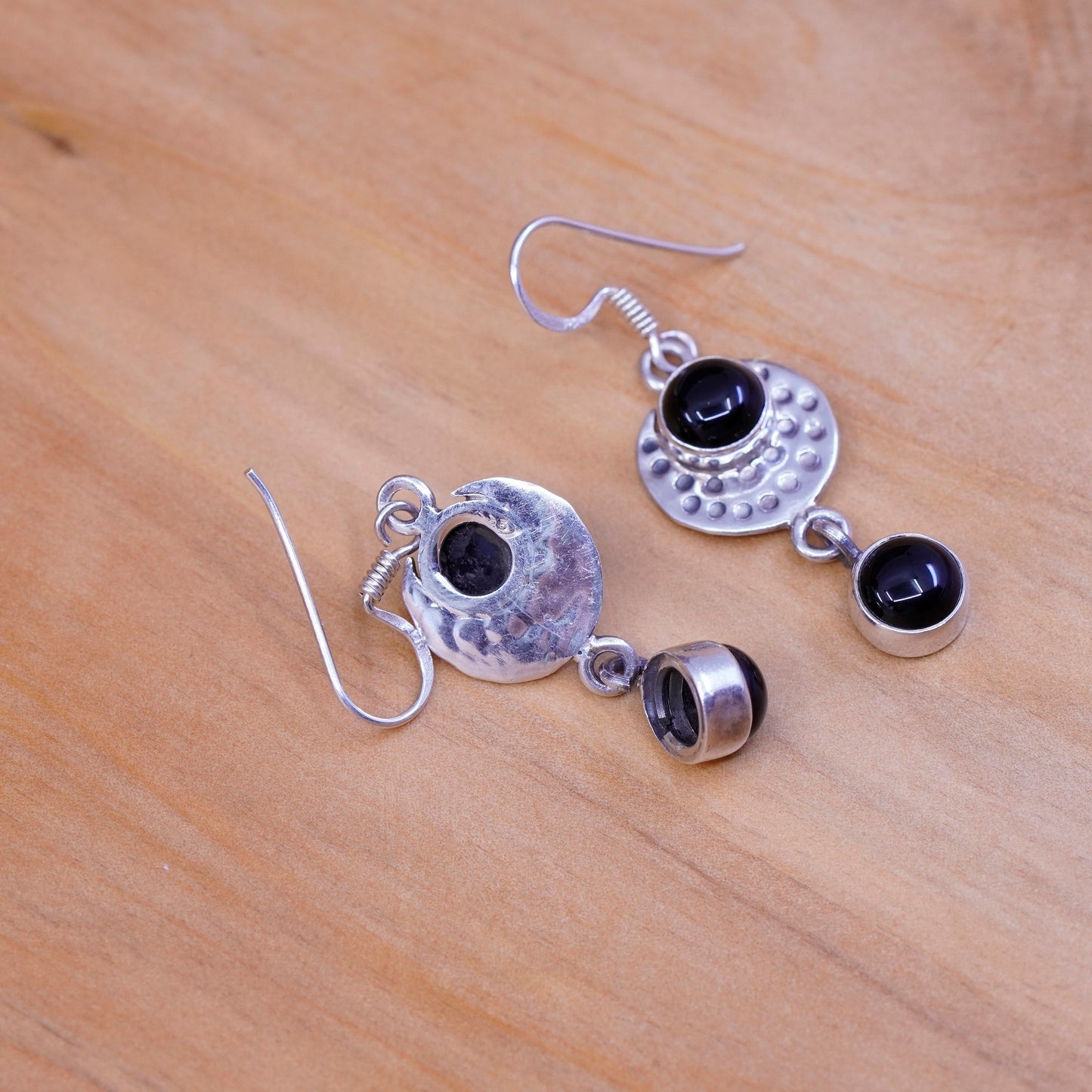vtg handmade sterling silver earrings, 925 hammered disc with obsidian dangles