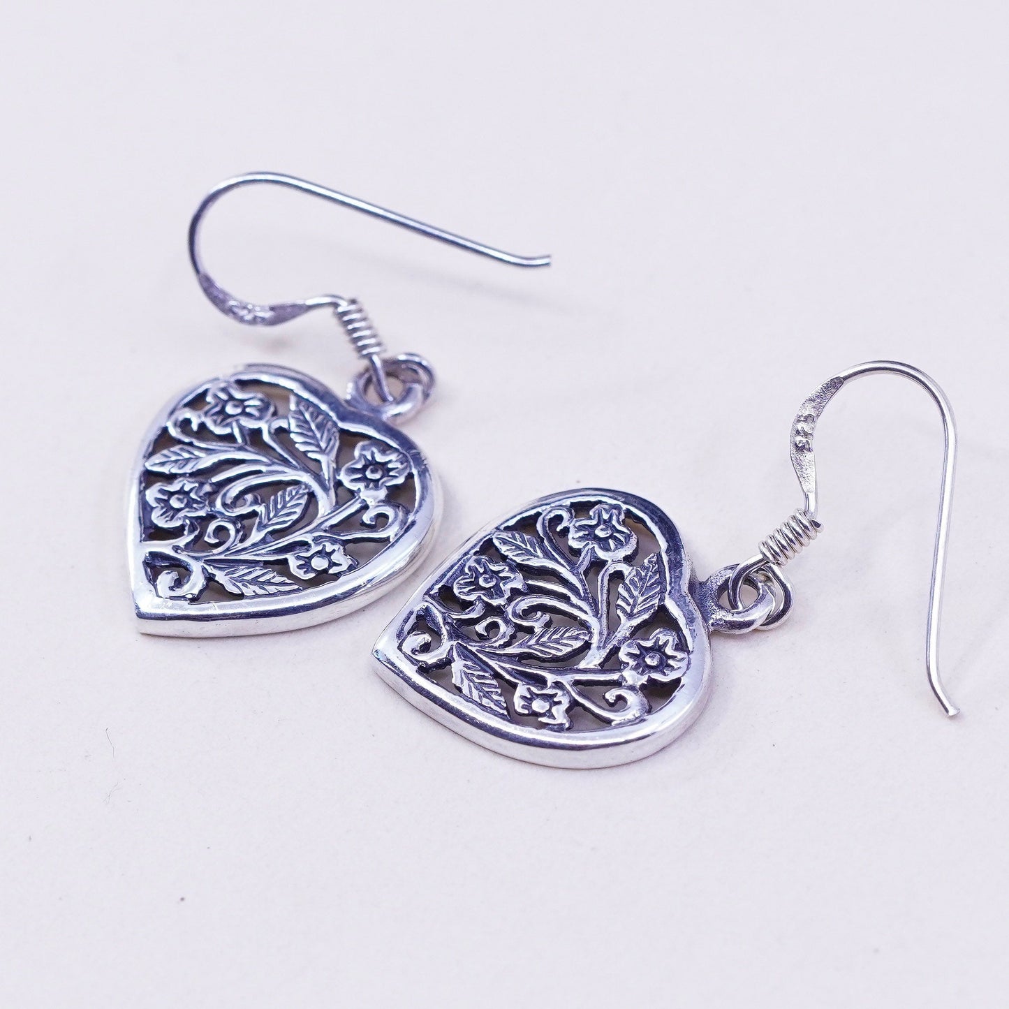 Vintage sterling silver handmade earrings, floral 925 filigree heart