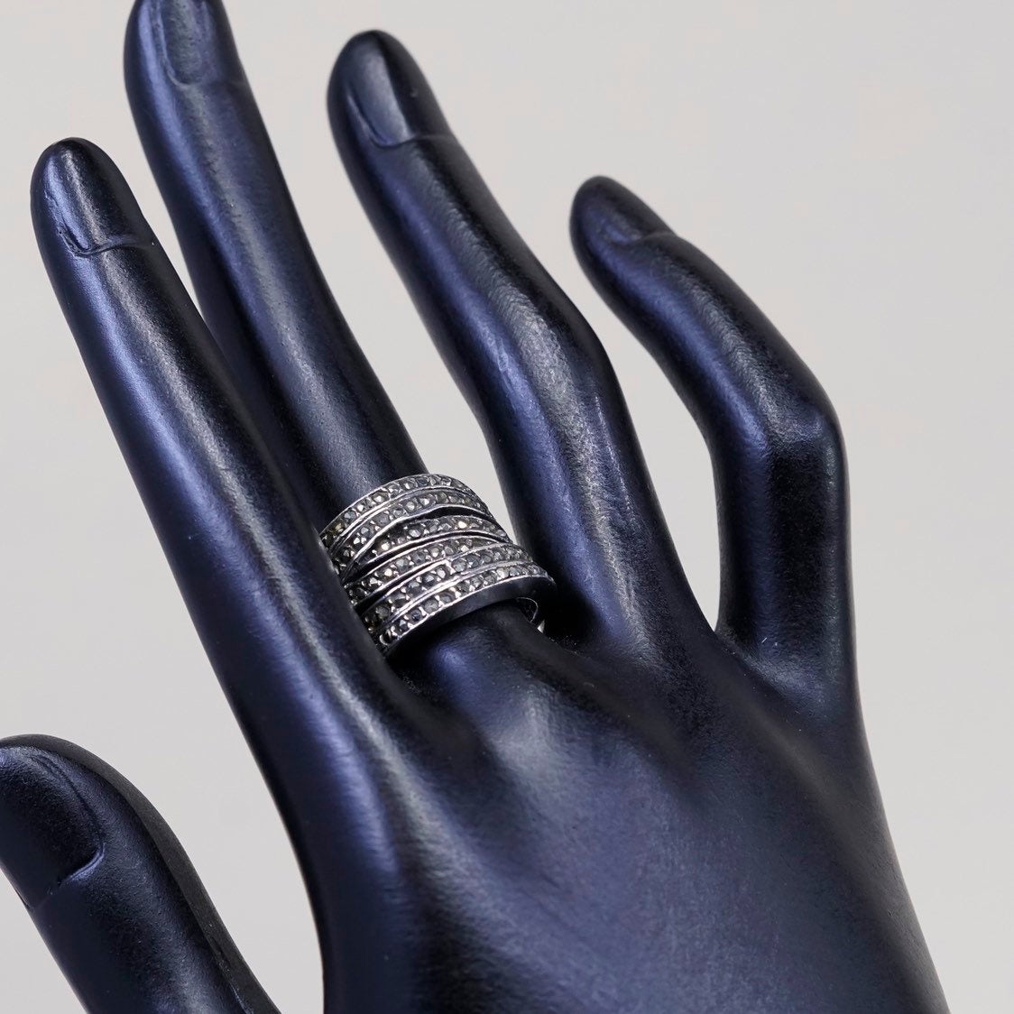 sz 6.75, vtg Sterling silver handmade ring, Mexico 925 band w/ marcasite