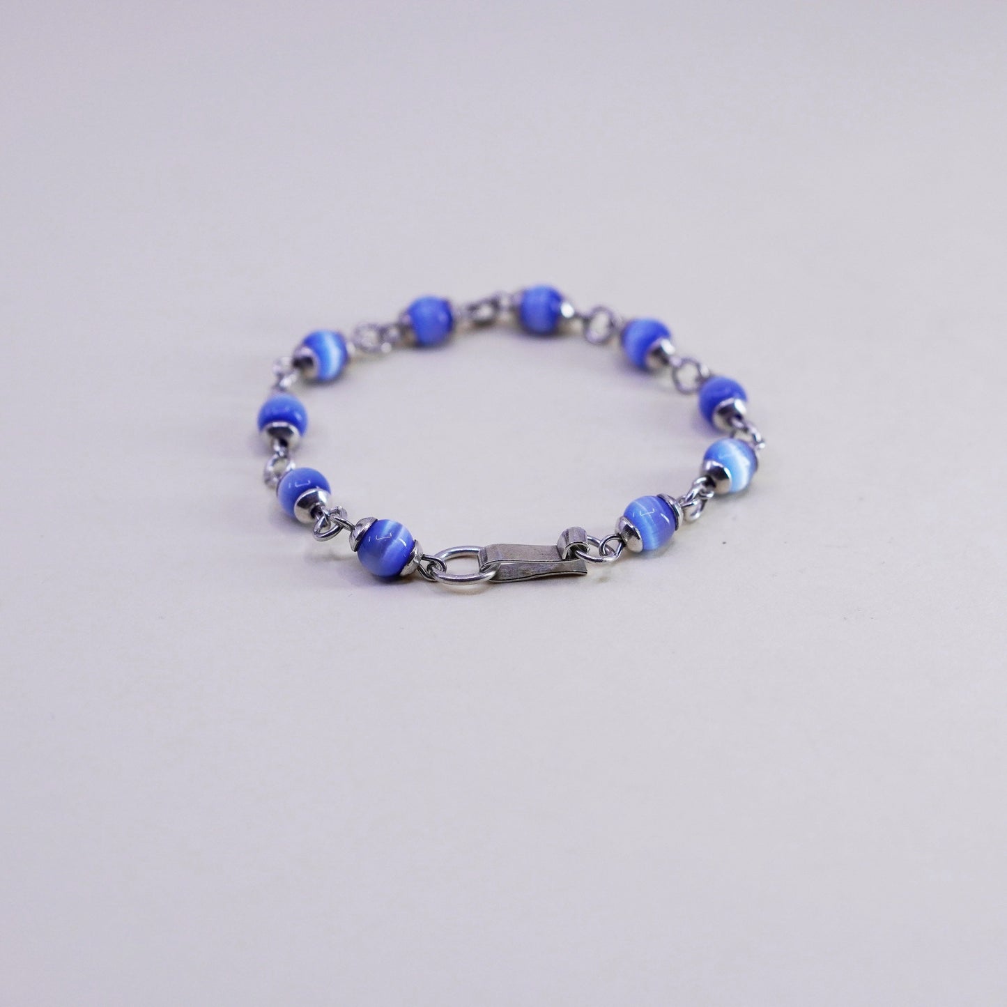 6”, Vintage Mexico sterling silver bracelet, 925 beads with blue cats eye