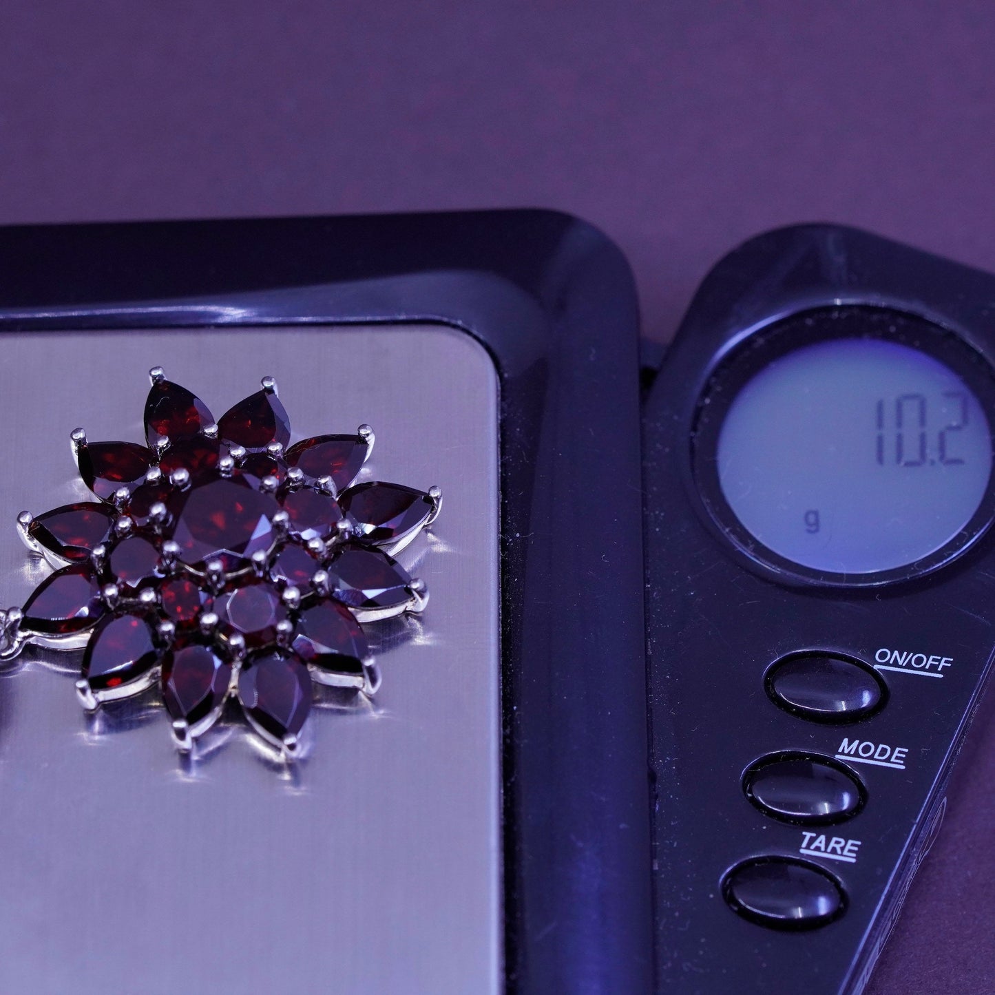 Vintage Sterling 925 silver handmade flower pendant with ruby