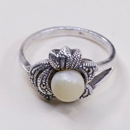 Sz 7.25, Vtg Sterling Silver Handmade Ring, 925 Silver W/ Faux pearl N Marcasite