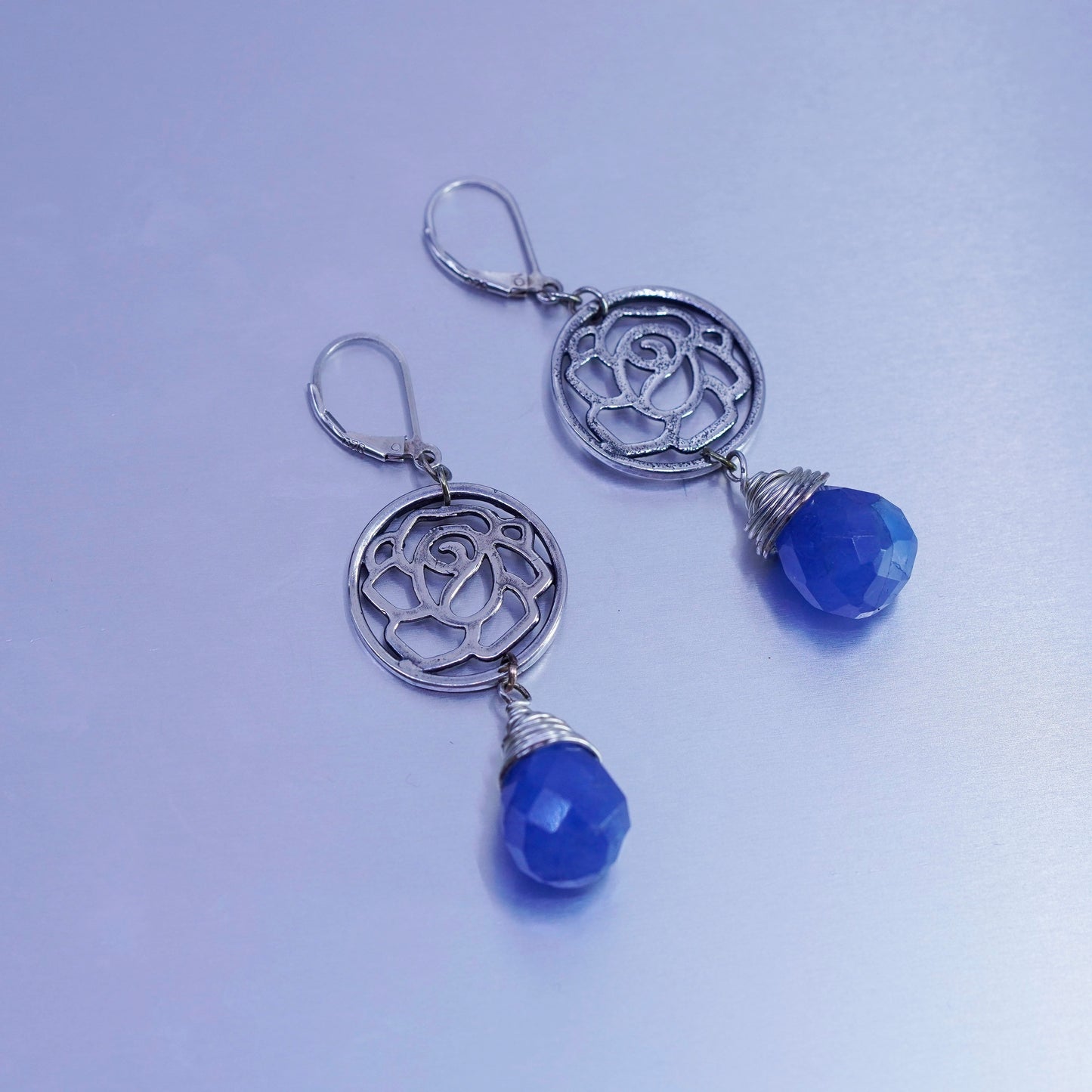 Sterling 925 silver handmade flower earrings with teardrop blue Grandidierite