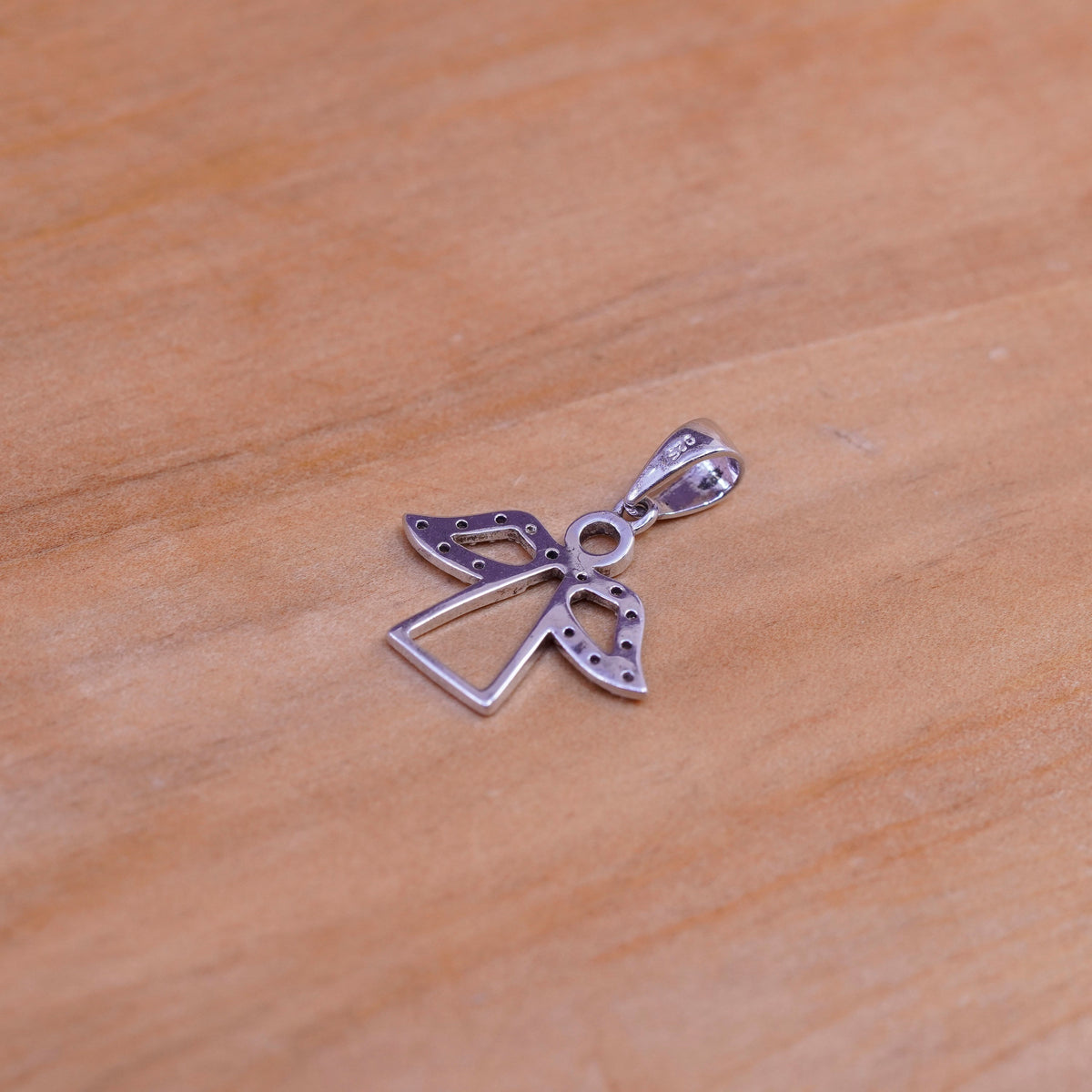Vintage Sterling silver handmade pendant, 925 angel charm with diamond