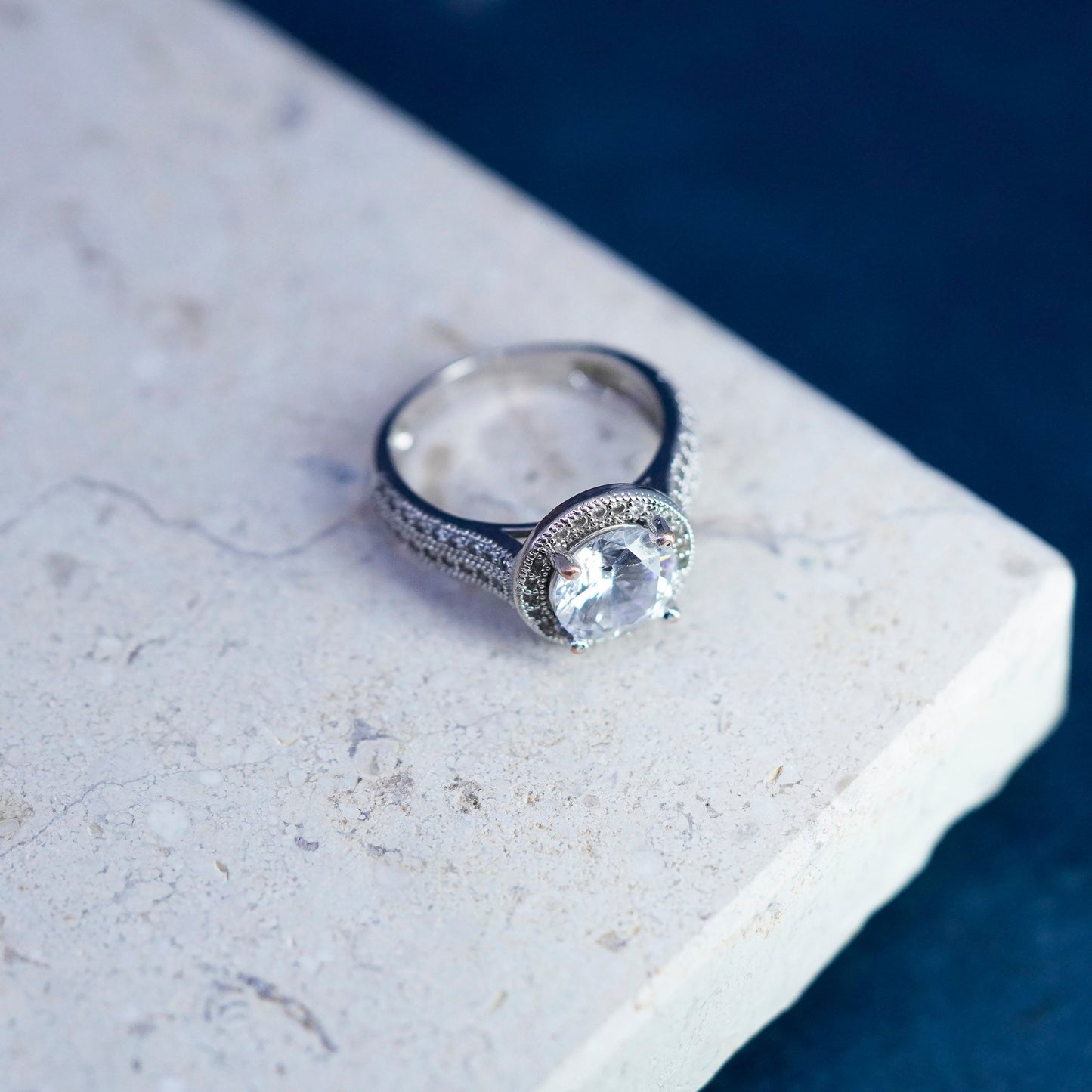 Size 6, vintage Sterling 925 silver engagement ring with cluster Cz around