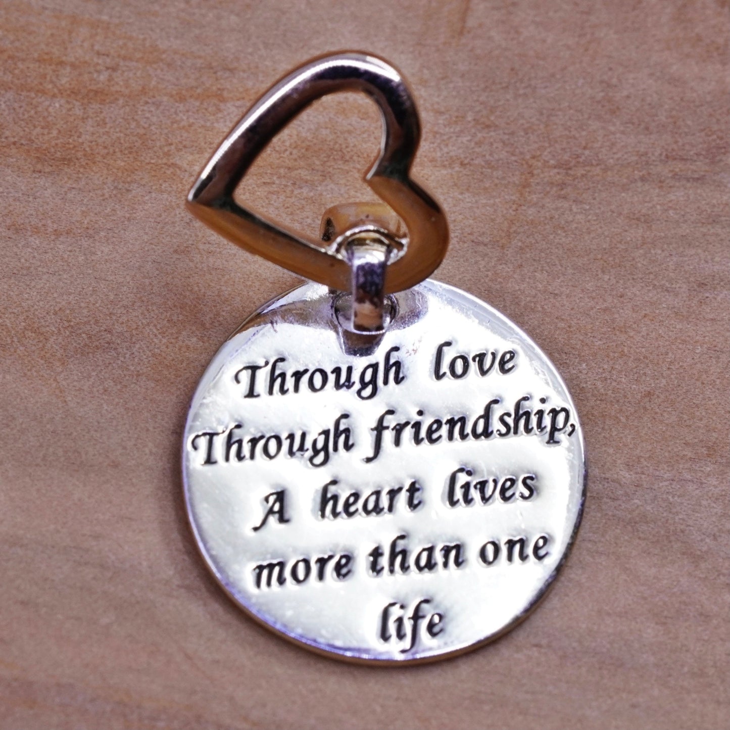 vermeil Sterling silver quote pendant, 925 circle “love through friendship