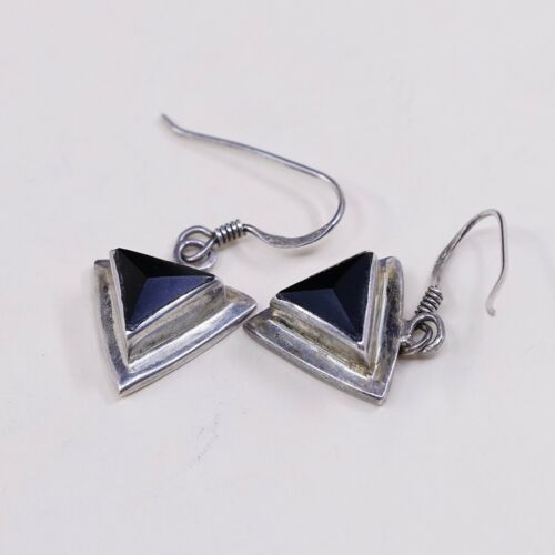 Amazing handmade Sterling Silver earrings, 925 Traigular Obsidian Dangles