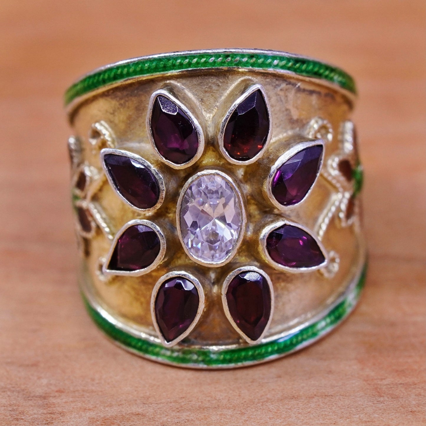 Size 7.5, vermeil gold over Sterling silver ring enamel flower 925 ruby Crystal
