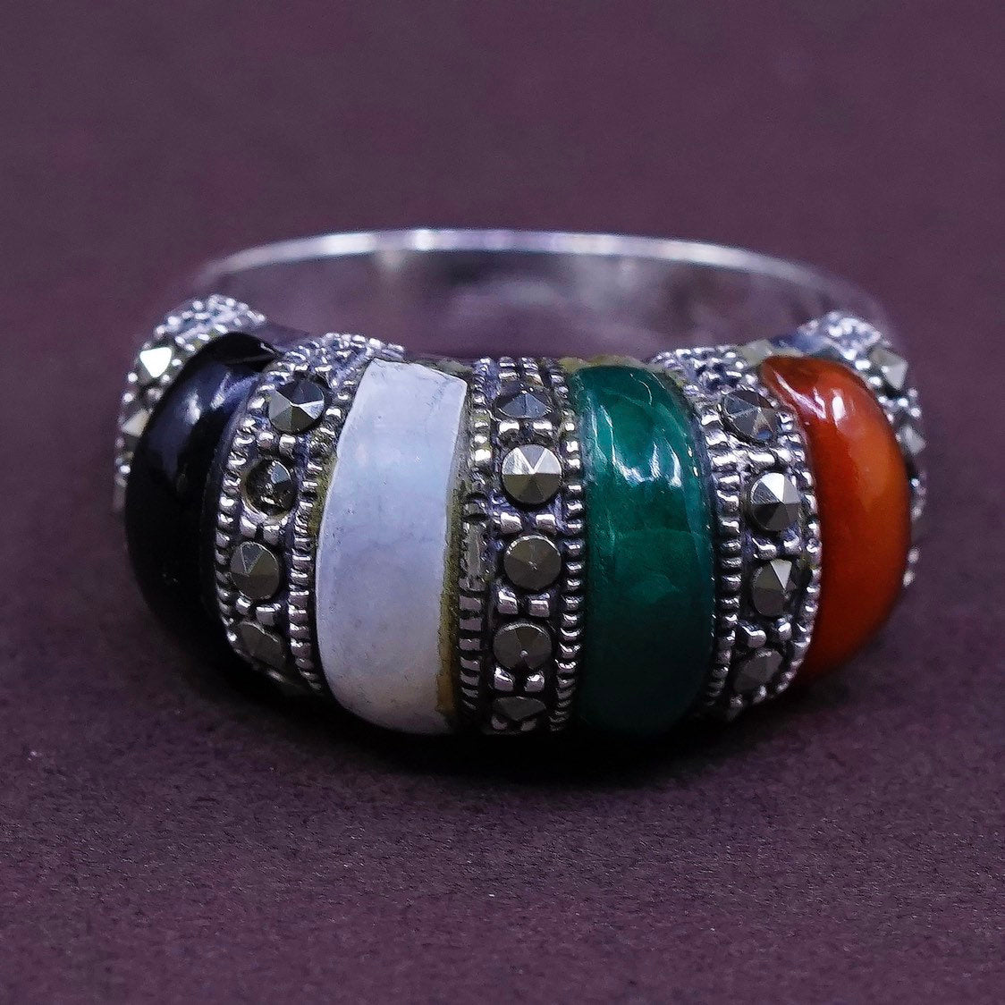 sz 8, Sterling 925 silver handmade ring w/ jade Obsidian Carnelian N Marcasite