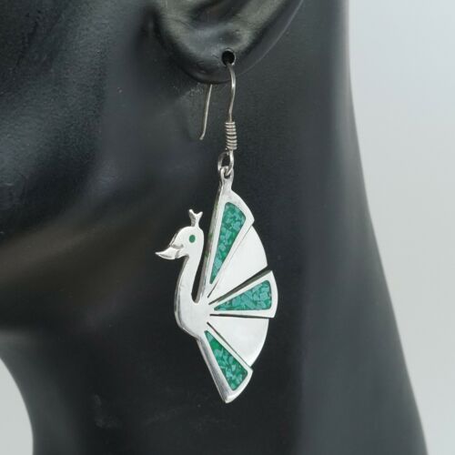 Vintage Southwestern handmade Sterling 925 Silver Peacock Earrings W/ Turquoise