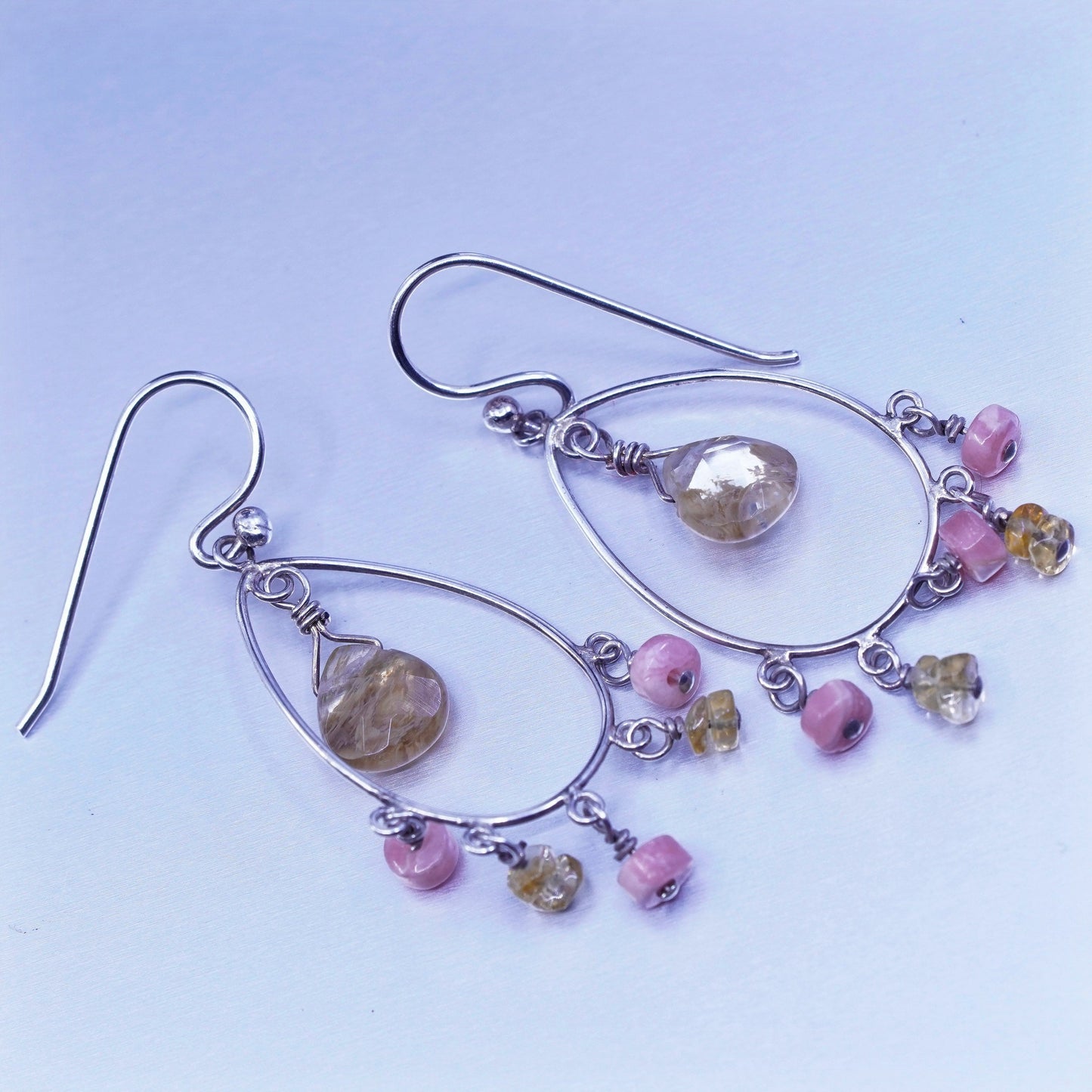 Vintage Sterling 925 silver teardrop earrings with citrine and agate