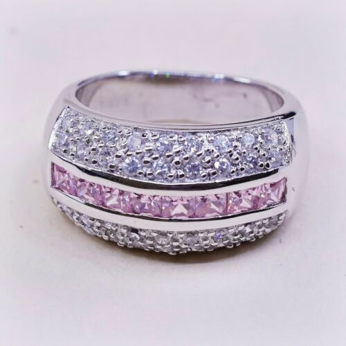 Size 6, Vtg Sterling Silver Handmade Ring, 925 Silver Band W/ Pink Cluster Cz