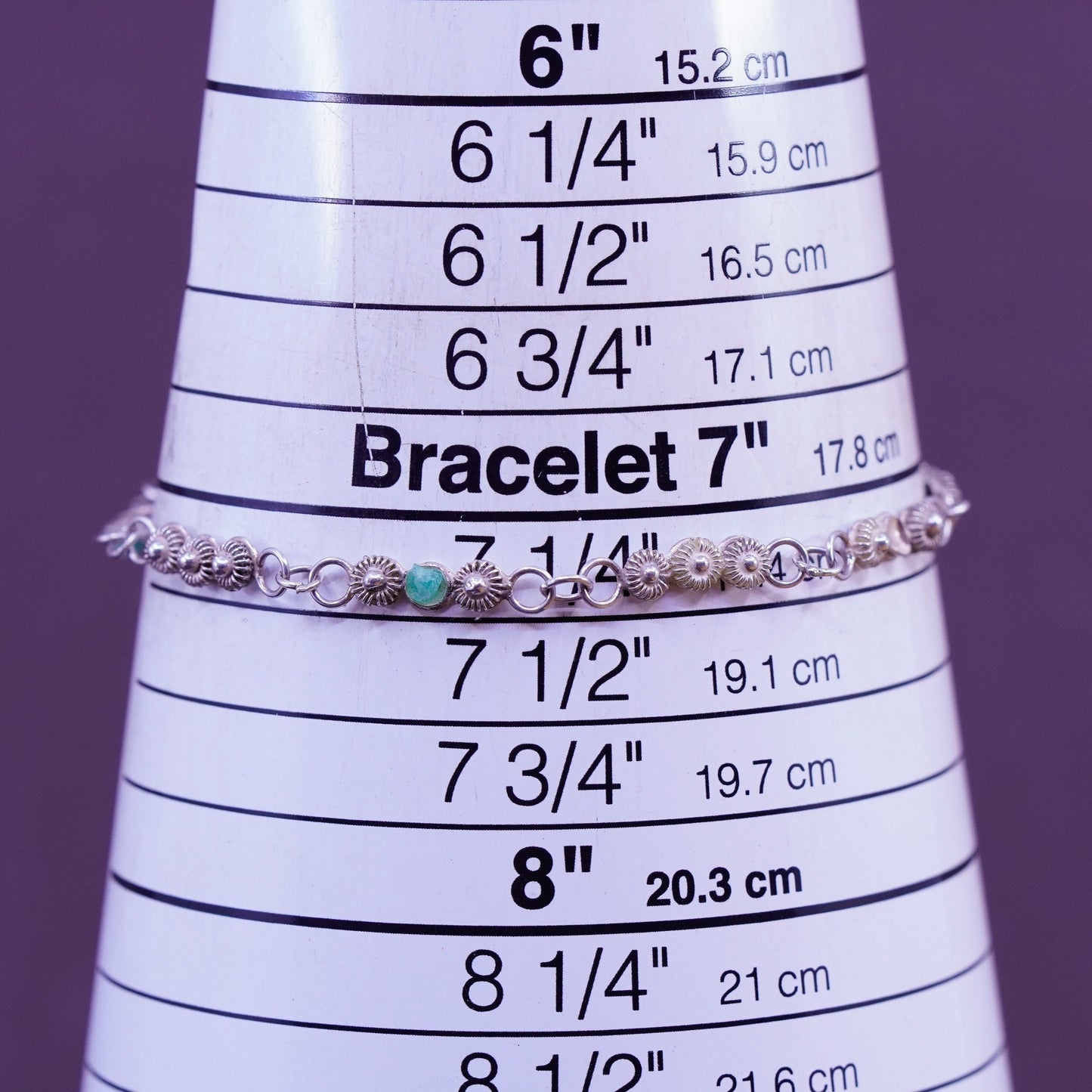 7.25”, Vintage Mexico Sterling silver handmade bracelet, 925 flower links jade