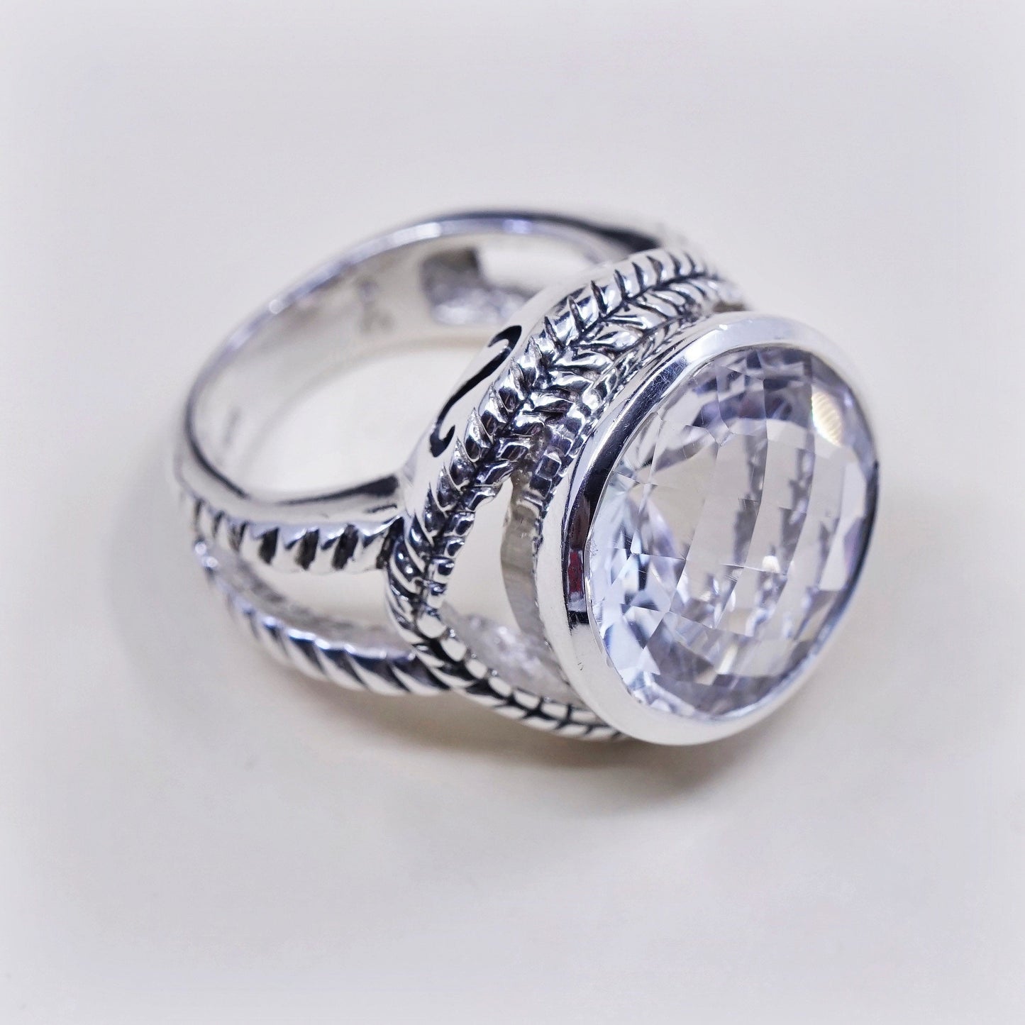 sz 6, vtg Sterling 925 silver handmade cocktail ring w/ crystal