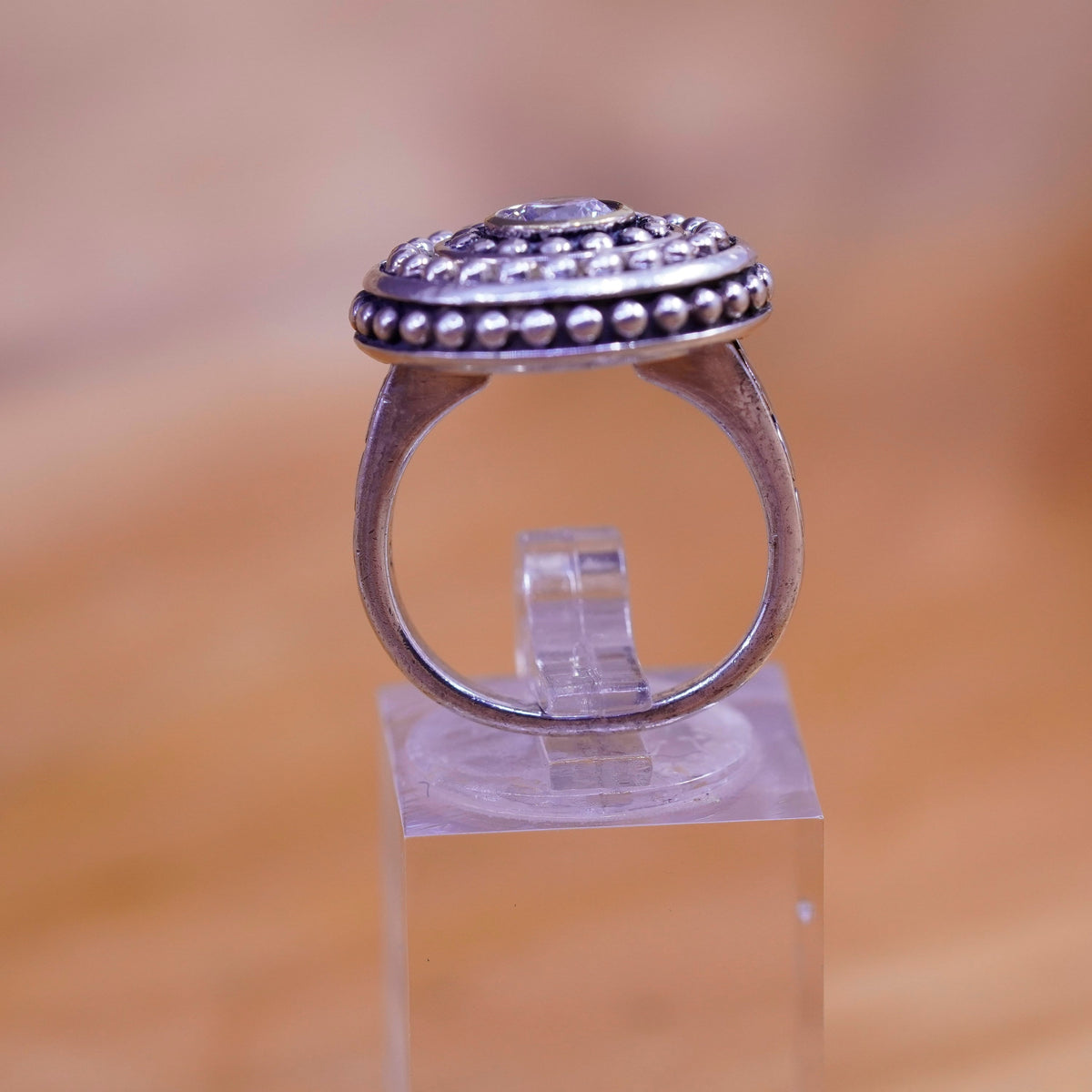 Size 5.75, vintage Kameleon sterling 925 silver handmade ring with cz and beads