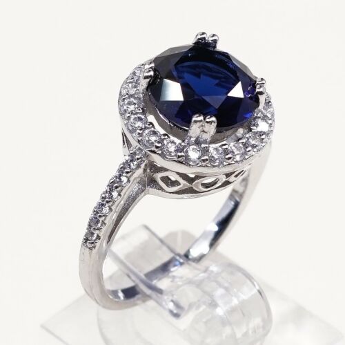 Sz 7.5, Sterling Silver Ring, 925 Silver Engagement Ring W/ Round blue Sapphire
