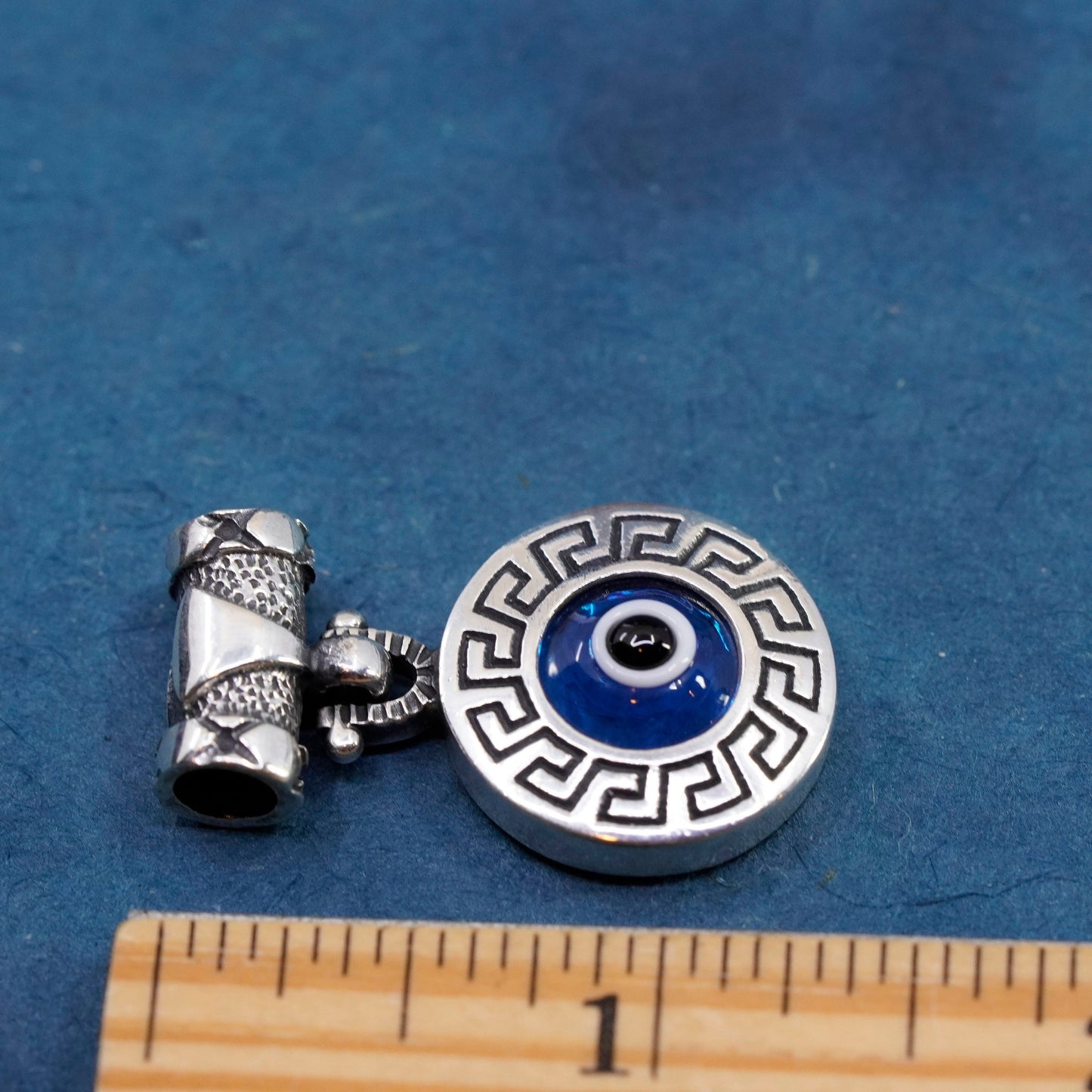 Vintage Sterling 925 silver handmade blue glass evil eye slide pendant charm