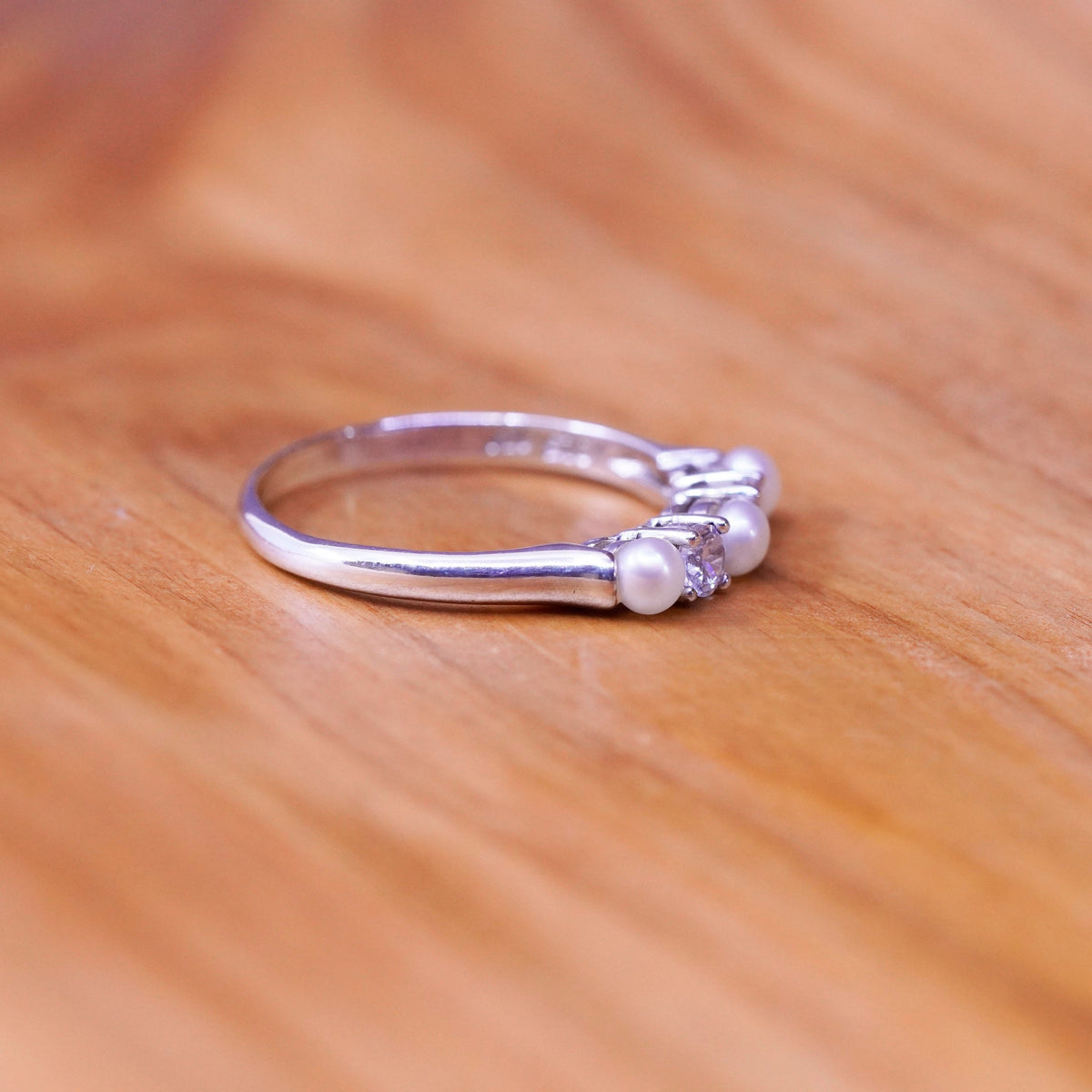 size 11.25, vintage Sterling 925 silver handmade ring, stackable band cz pearl