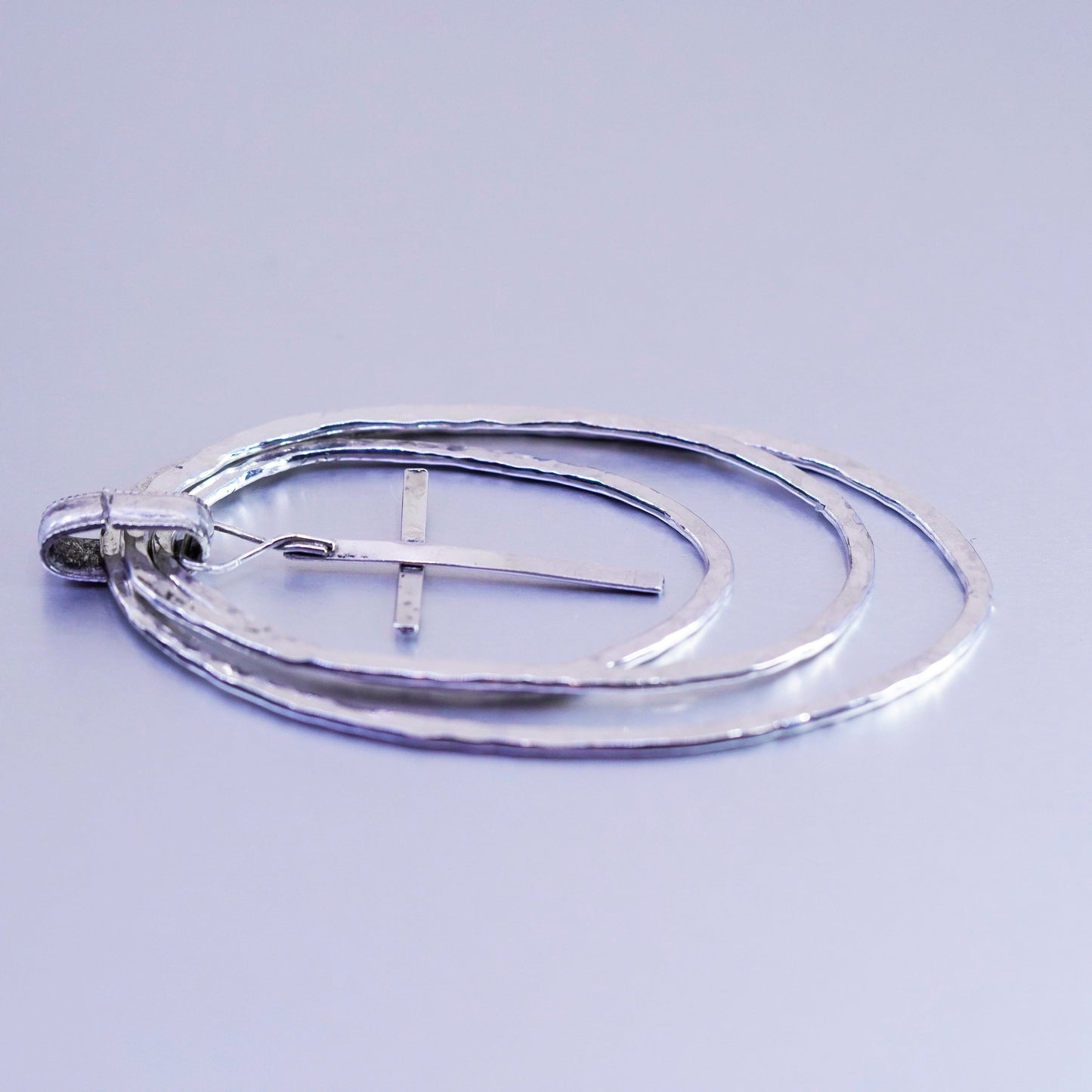 Vintage sterling 925 silver handmade hammered huge oval pendant with cross