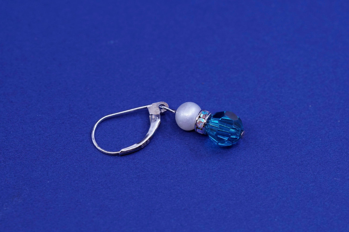 Vintage sterling 925 silver handmade earrings, with cube blue crystal and pearl