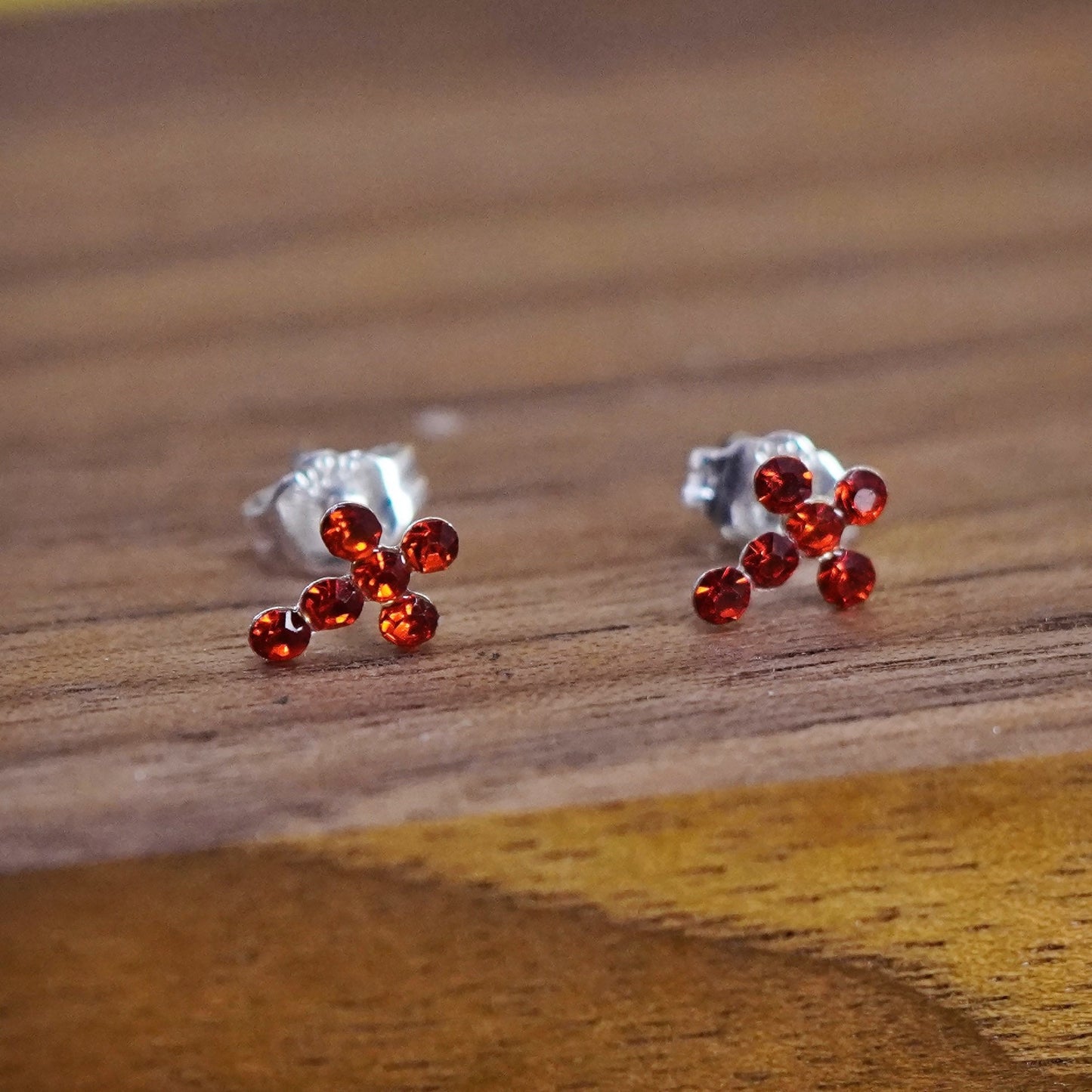 Vintage Sterling silver handmade earrings, 925 cross studs with red cz