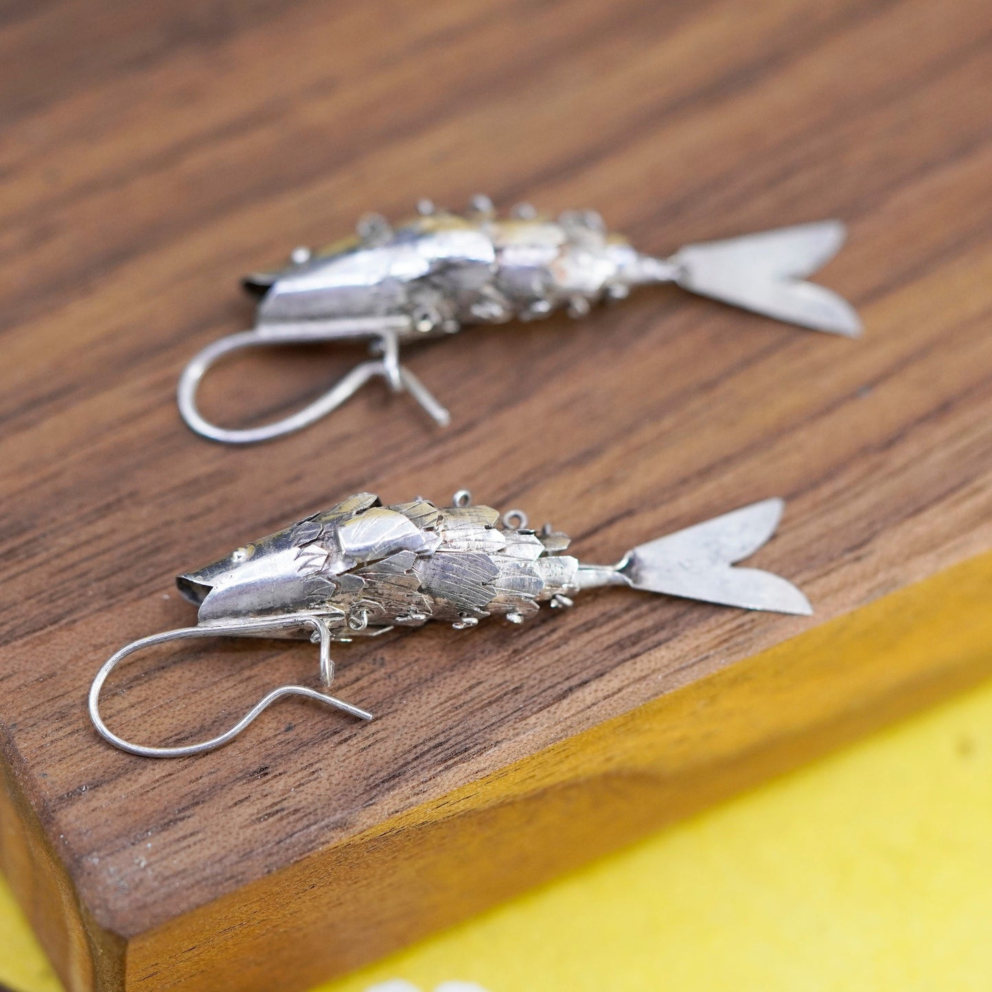 Vintage sterling silver handmade earrings, 925 movable fish dangles