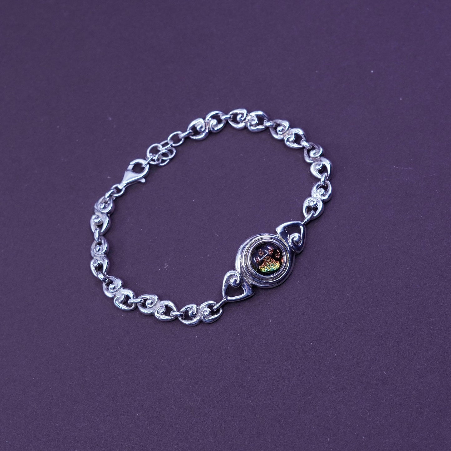 7+1”, Sterling silver bracelet, 925 beaded chain w/ foiled glass dog foot charm