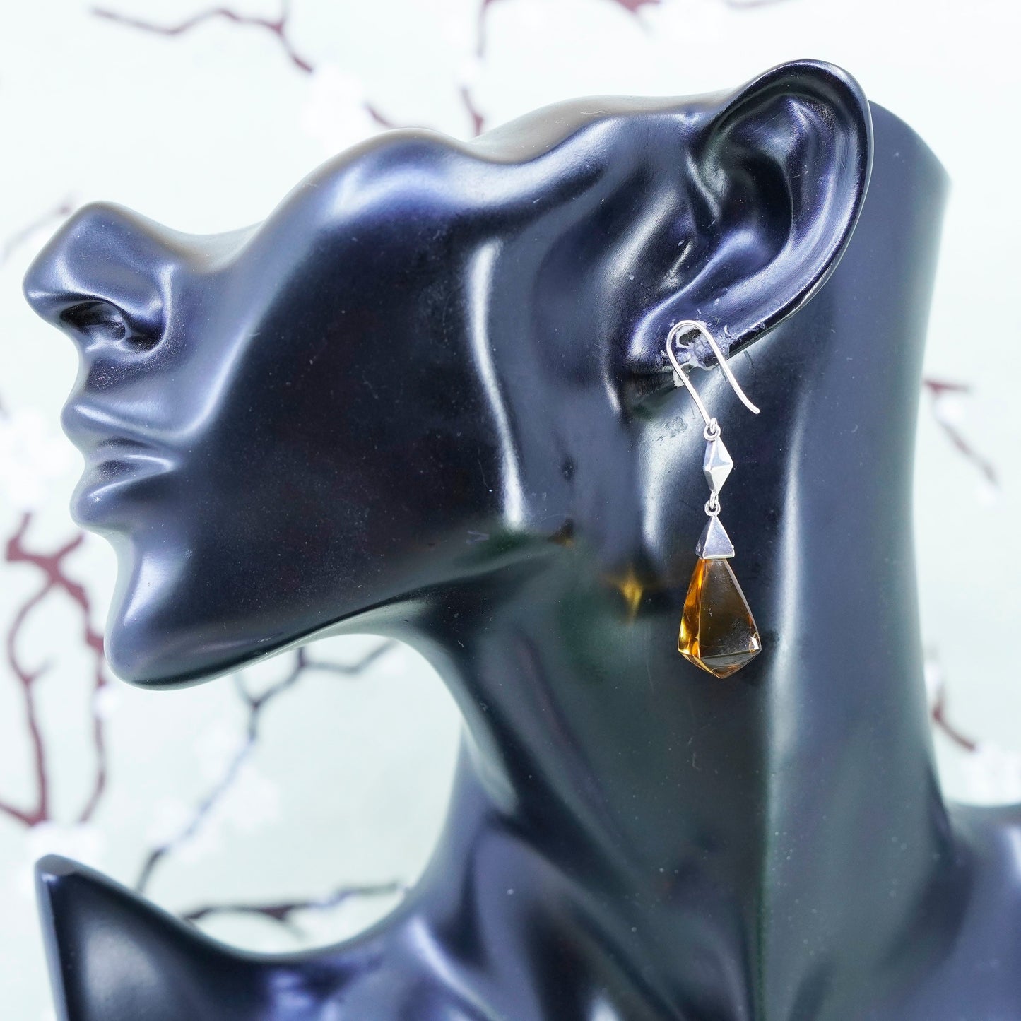 vtg Hong Kong sterling 925 silver handmade earrings with teardrop smoky quartz