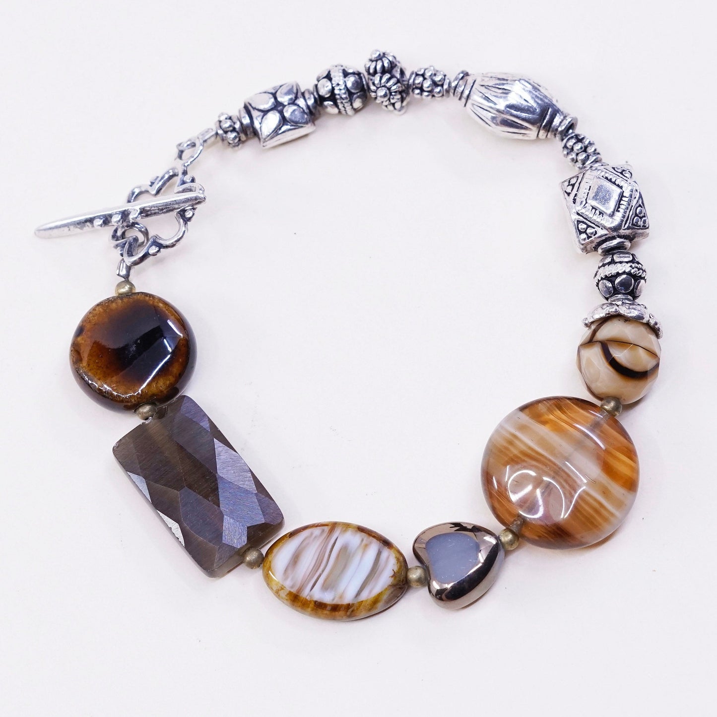 6.75”, 925 Sterling silver bar N beads bracelet with colorful artisan glass